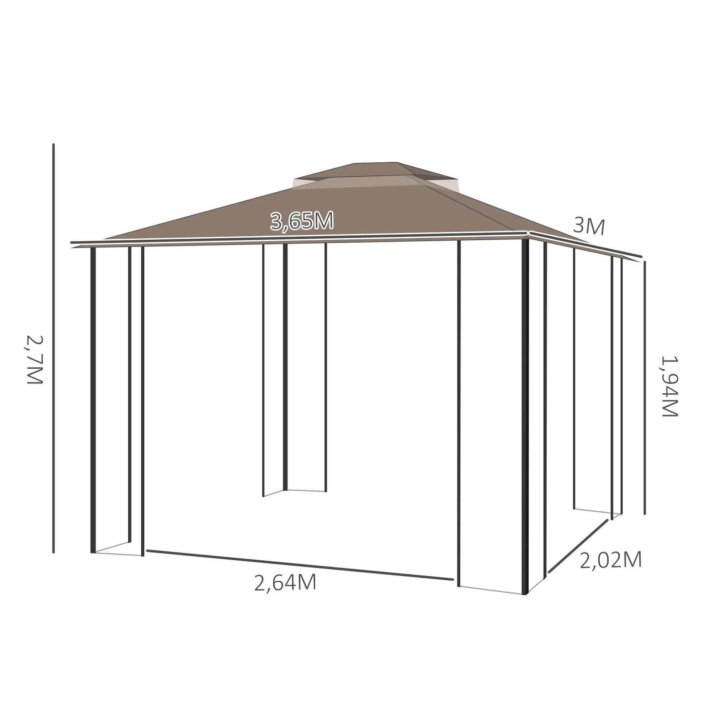 Outsunny Gartenpavillon 3,65 × 3 m mit Doppeldach & Moskitonetz – Braun/Beige