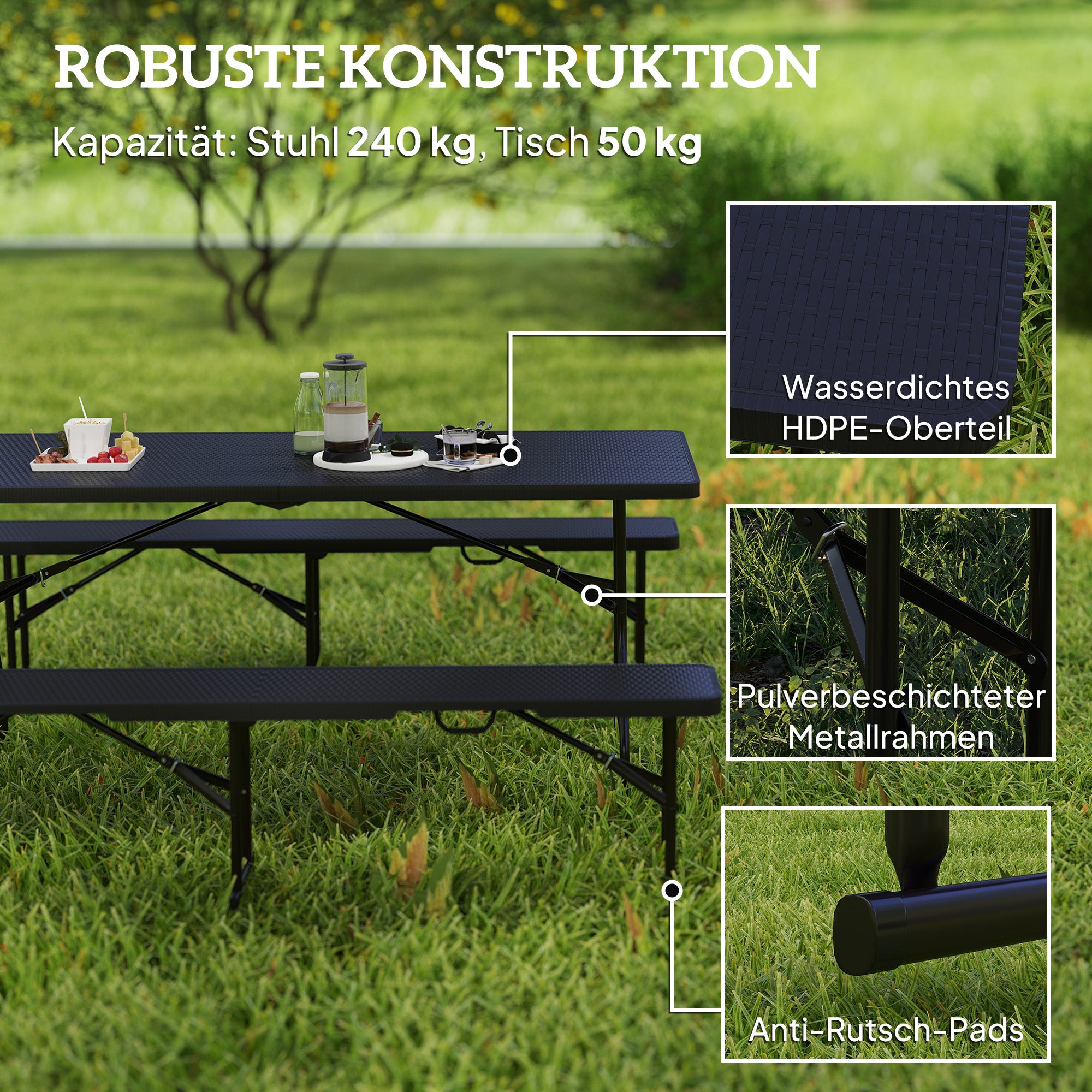 Outsunny Picknicktisch und Bänke, 3-teiliges Set, faltbar, Kunststoff, Metall, Schwarz