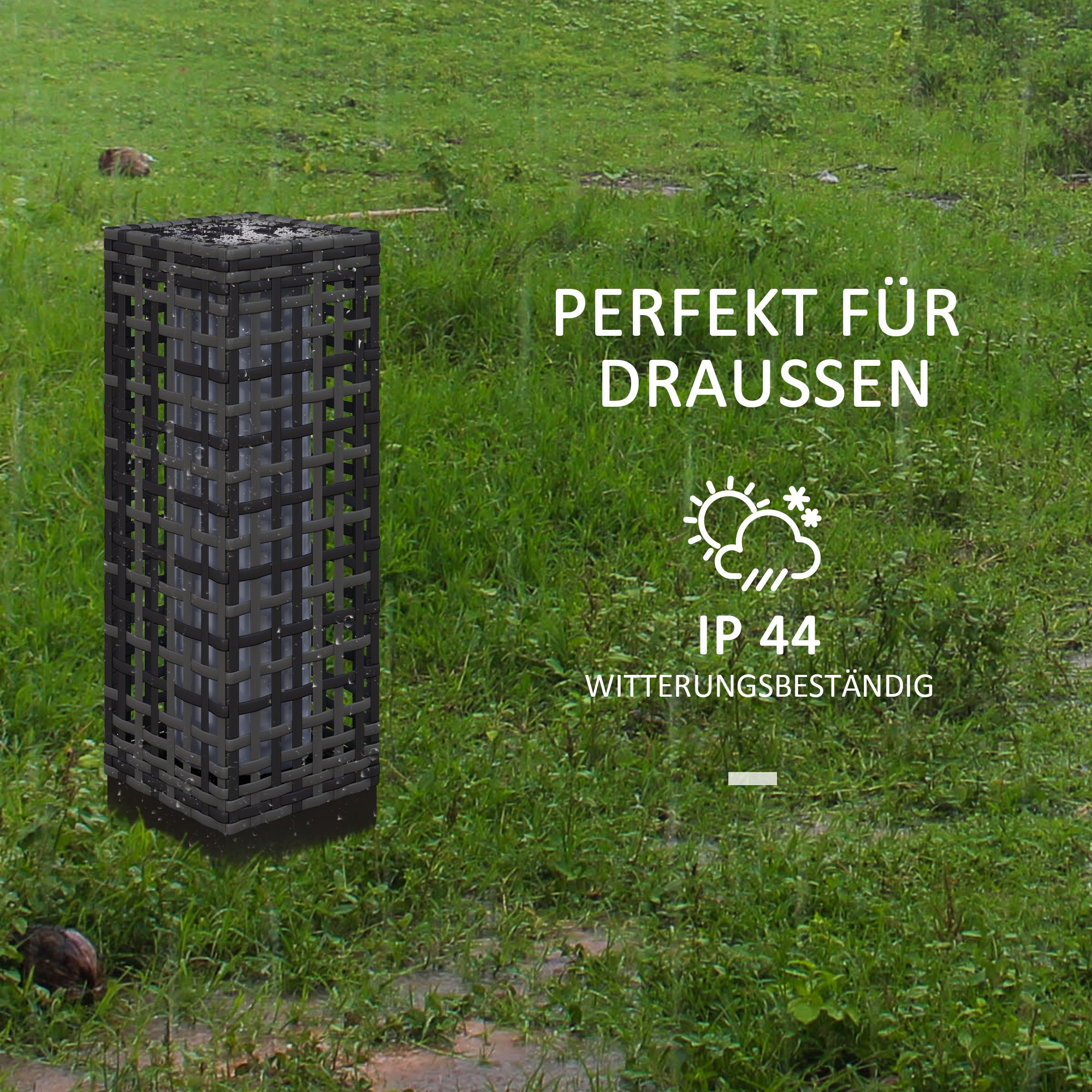 Outsunny Außenleuchte mit Solarmodul, Einschaltautomatik, 8 h Betriebszeit, Rattanoptik, Stahl, 15,5 x 15,5 x 46 cm, Grau