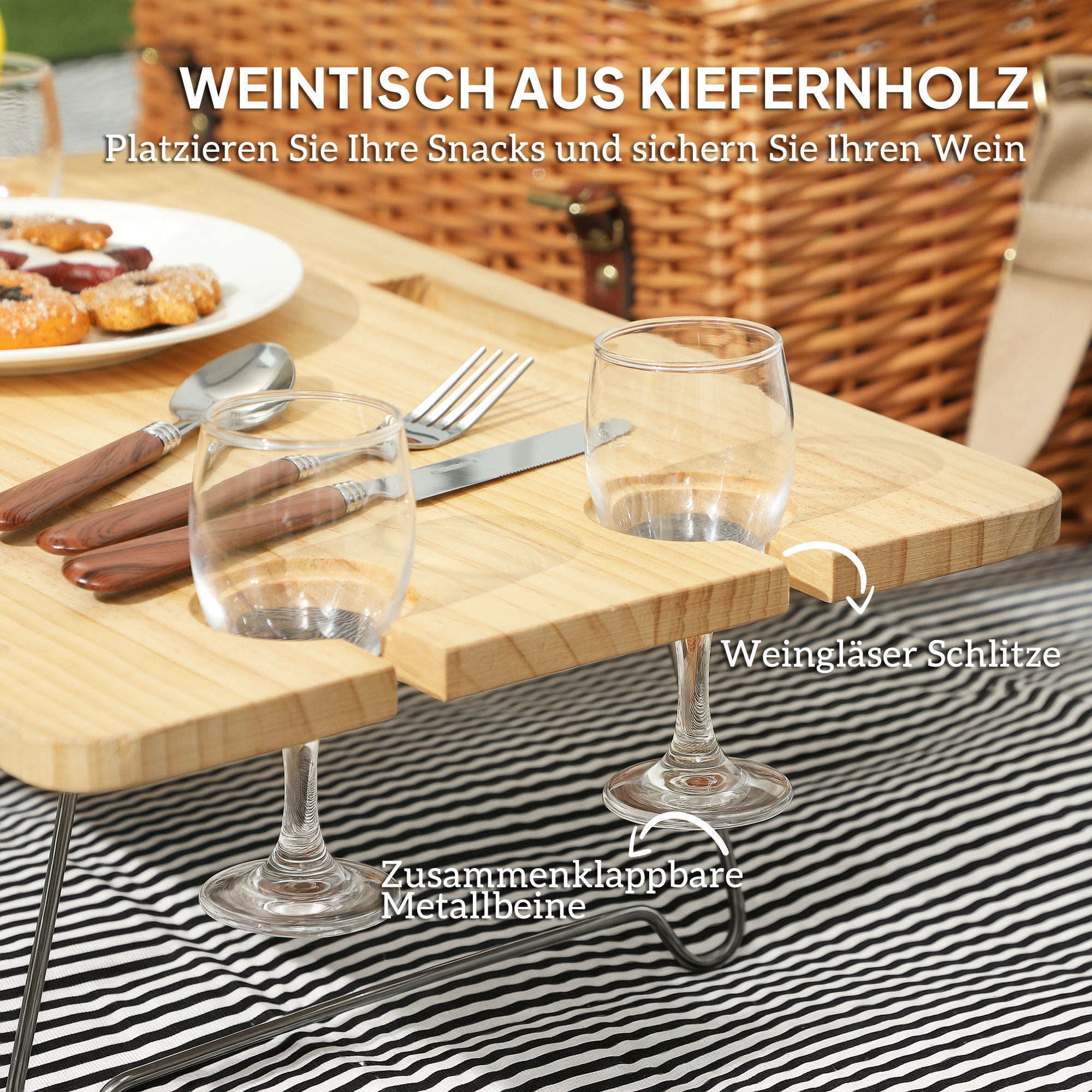 Outsunny Picknickkorb aus Weidenholz Picknickkoffer für 4 Personen mit Picknickdecke Besteck Set, Flascheöffner Hellbraun