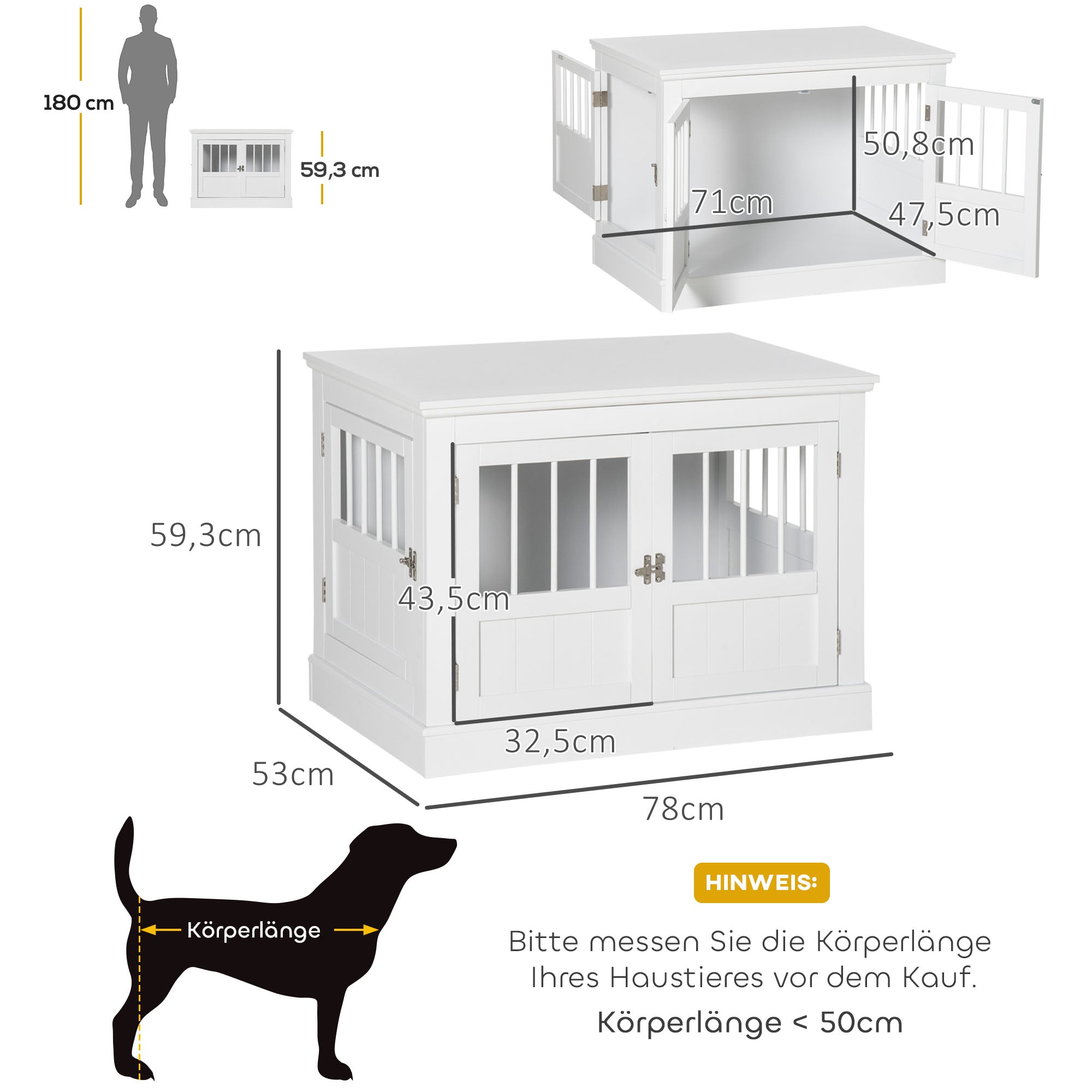 PawHut Hundekäfig, Möbel mit 3 Türen Hundehütte Hundebox für Zuhause 78 x 53 x 59,3 cm, Weiß