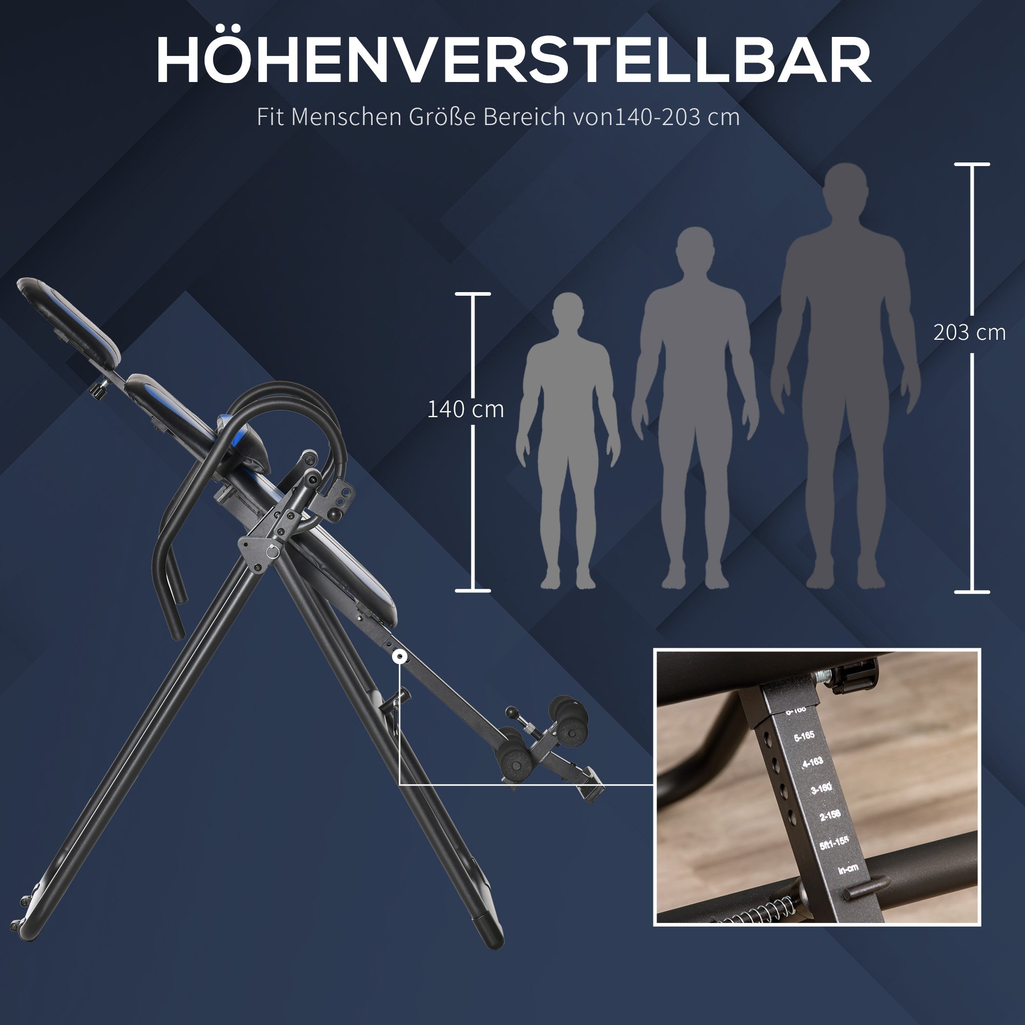 HOMCOM Inversionsbank klappbarer Schwerkrafttrainer mit zwei beweglichen Rädern eingestellt Rückenpolster Metall ABS Schwarz+Blau 132 x 71 x 145 cm