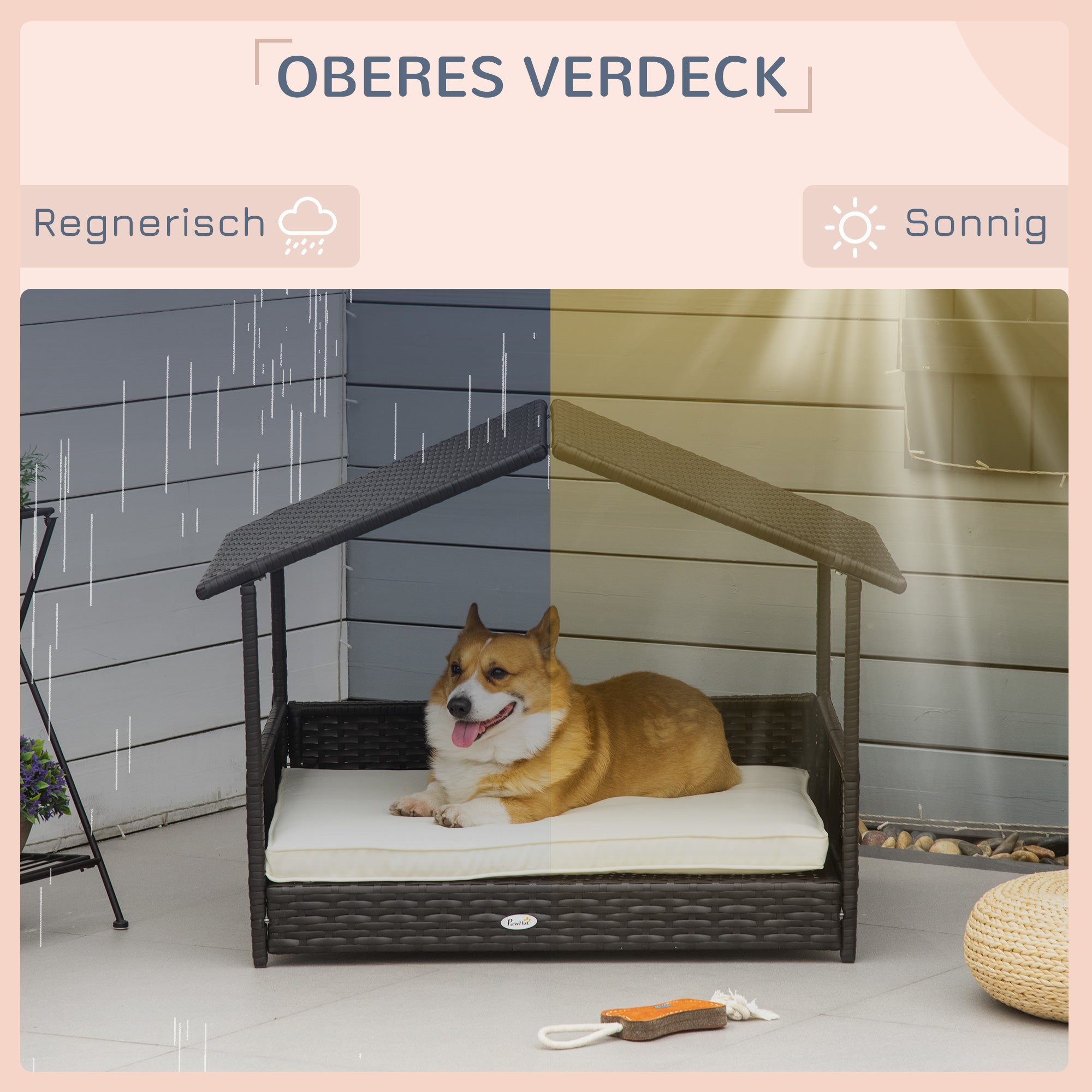 PawHut Rattan Hundeliege Outdoor mit Dach, Erhöhtes Hundebett für kleine und mittelgroße Hunde, Kühlendes Haustierliege mit Metallrahmen, Haustierbett für Draußen, 69 x 98 x 70 cm, Kaffee-Braun