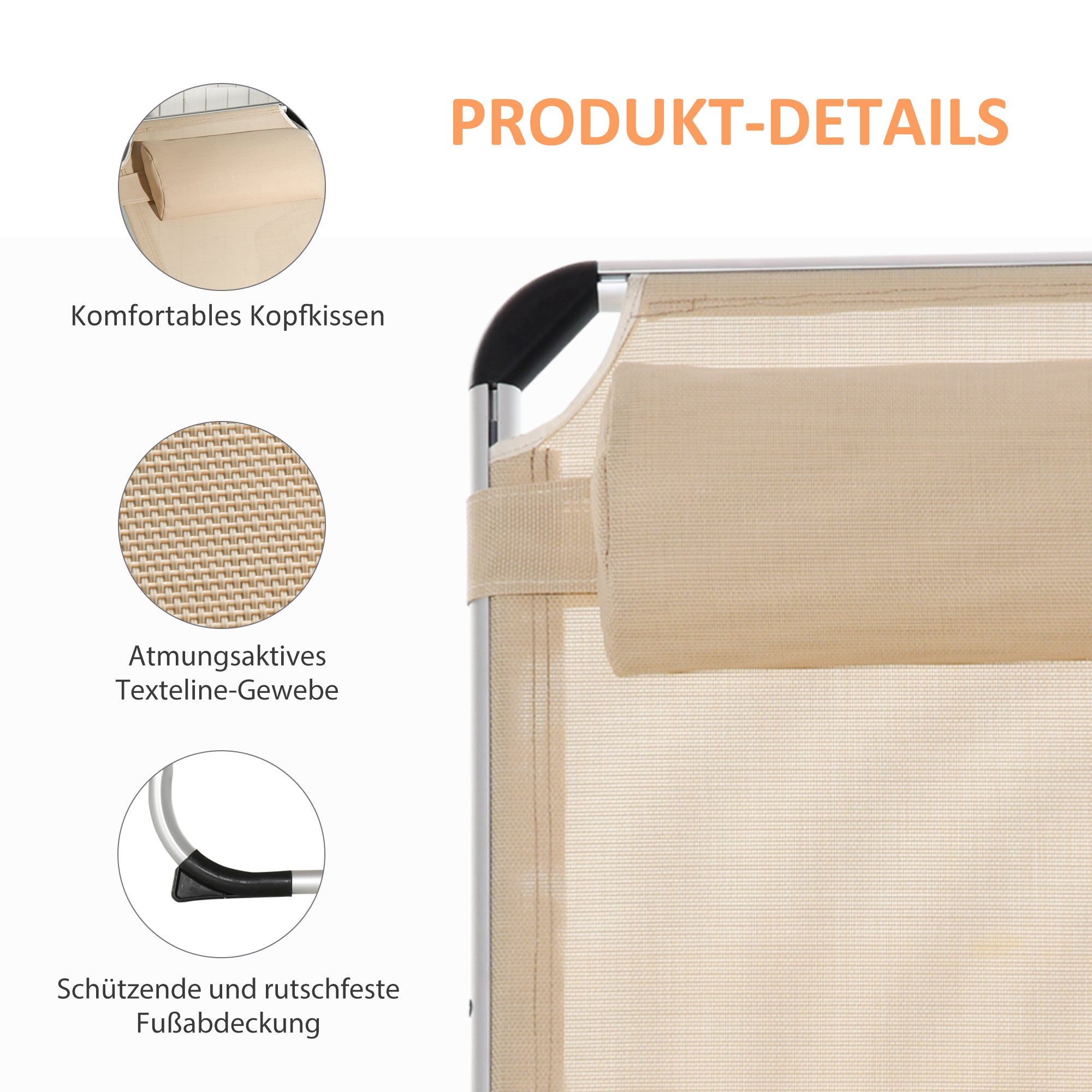 Outsunny Sonnenliege faltbar Gartenliege mit Kopfkissen ergonomisch Relaxliege mit 4-stufig verstellbaren Rückenlehne Alu bis 120 kg belastbar für Garten, Terrasse, Pool, , Strand,Beige