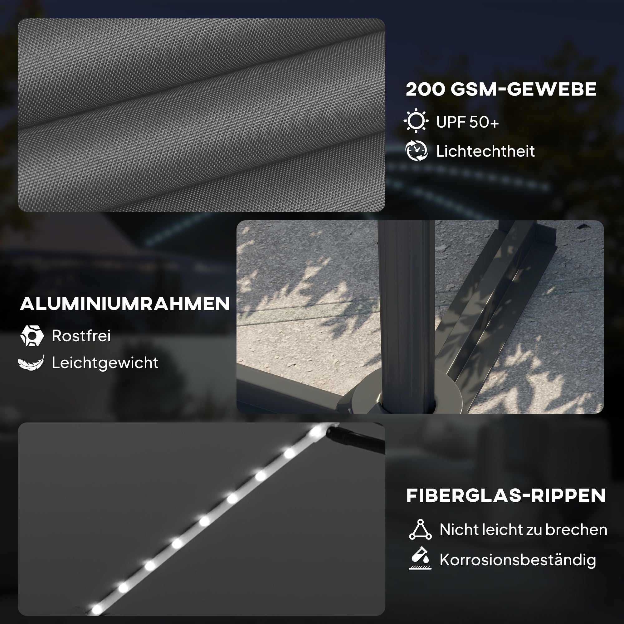 Outsunny Alu Ampelschirm LED Solar Ø300 cm höhenverstellbar Sonnenschirm mit Kurbel Ständer UV50+ Dunkelgrau