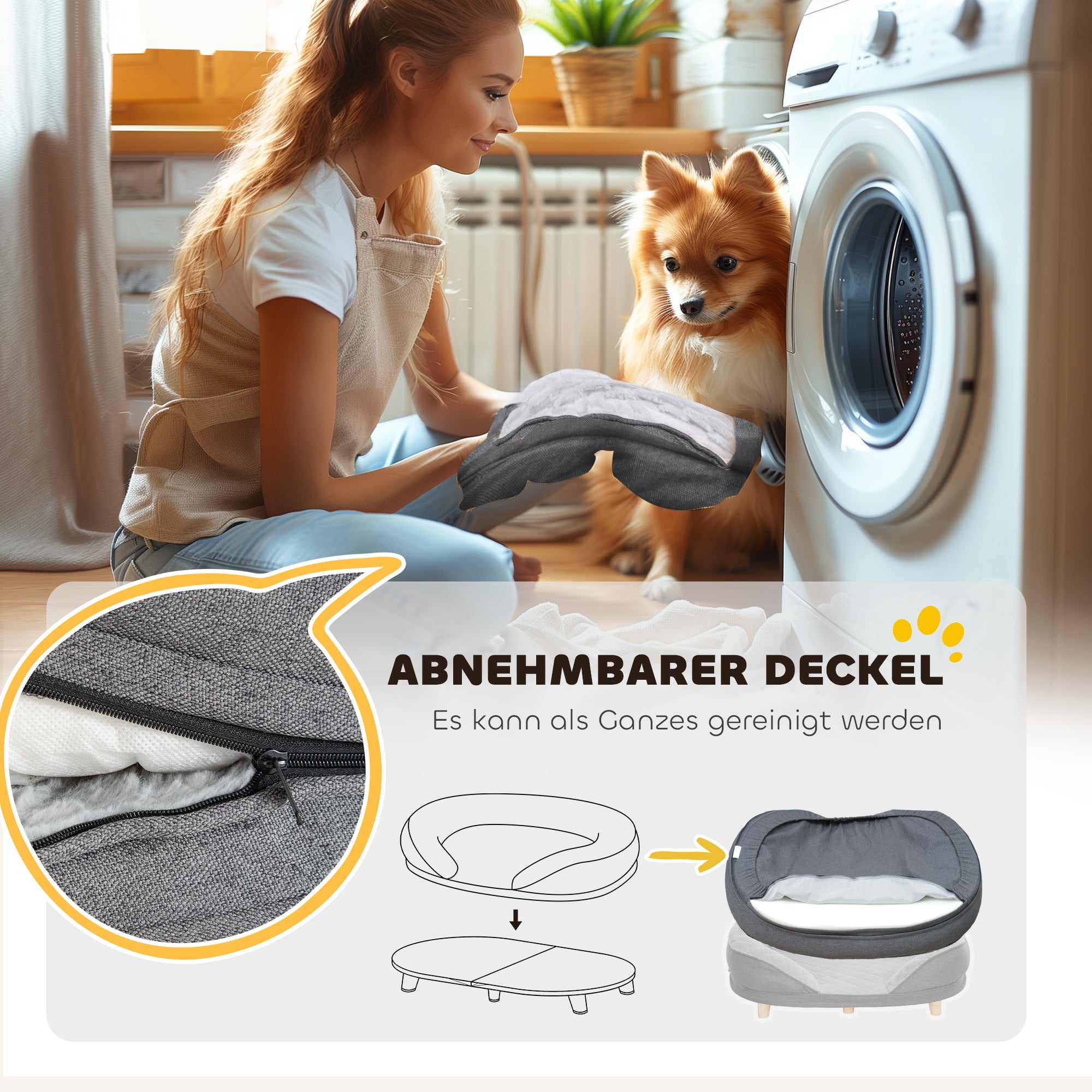 PawHut Hundebett für Hunde bis 25 kg, abnehmbarer Bezug, rutschfeste Füße, 90 x 78 x 25 cm, Grau