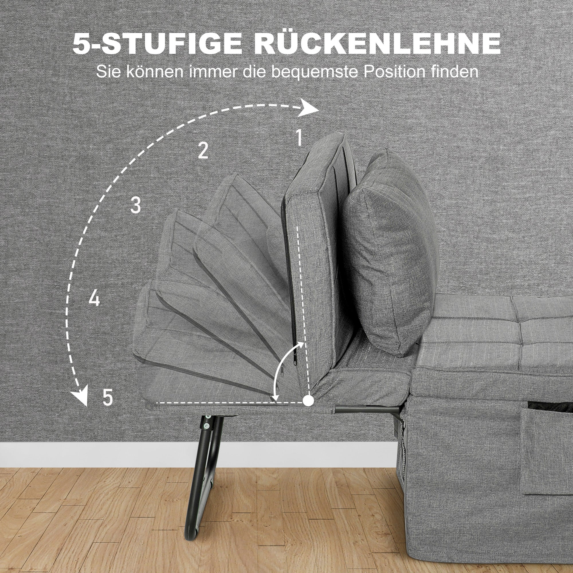 HOMCOM 4-in-1 Klappbett, Gästebett, höhenverstellbar, Matratze, Seitentaschen, Metallrahmen, grau, 188 x 75 x 38 cm