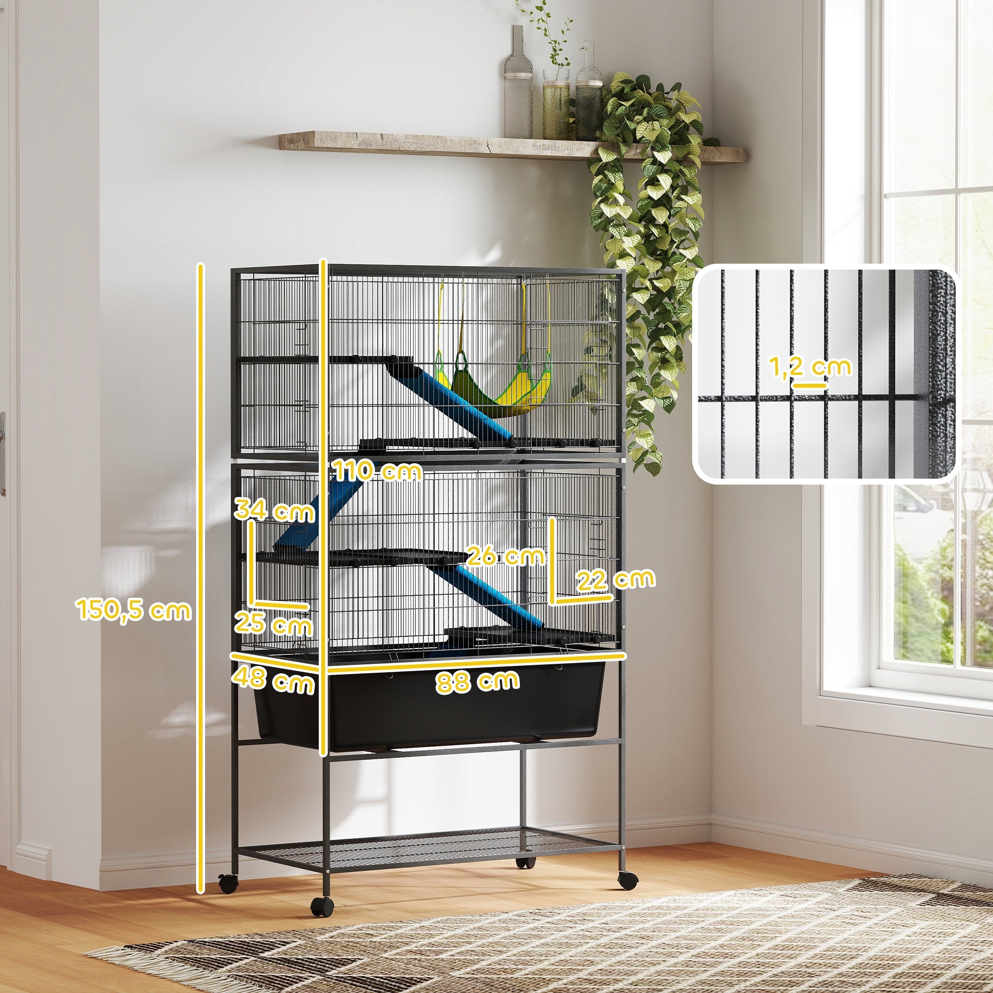 PawHut Kleintierkäfig, Haustierkäfig mit 5 Ebenen, Rutschfeste Rampen, Hängematte, 88 x 48 x 150,5 cm, Dunkelgrau