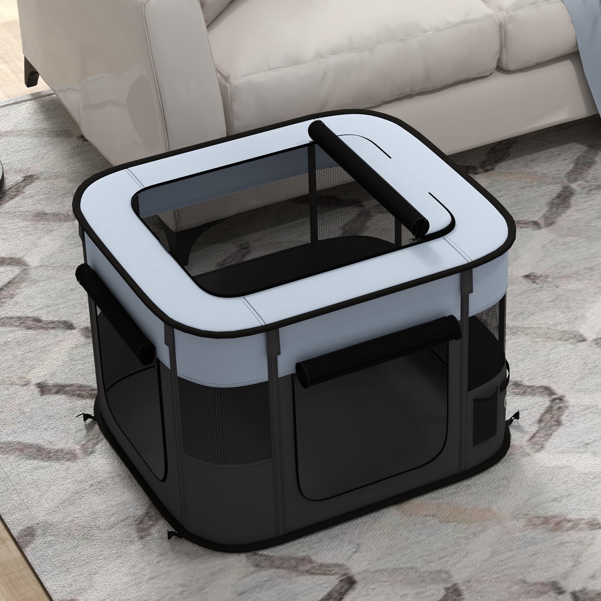 PawHut Spielgehege für Haustiere, faltbar, mit Aufbewahrungstasche, für Welpen und Kätzchen, drinnen und draußen, Grau