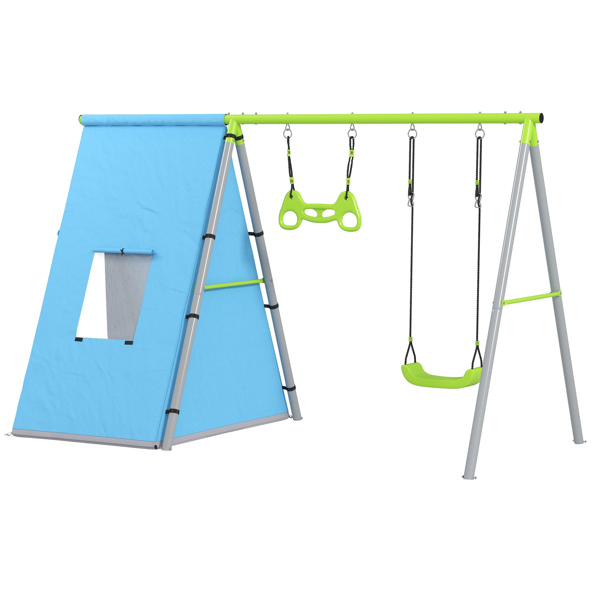 AIYAPLAY 3-in-1 Schaukelset, Spielzelt, Schaukel, Turnringe, Metall, Kunststoff, Grün