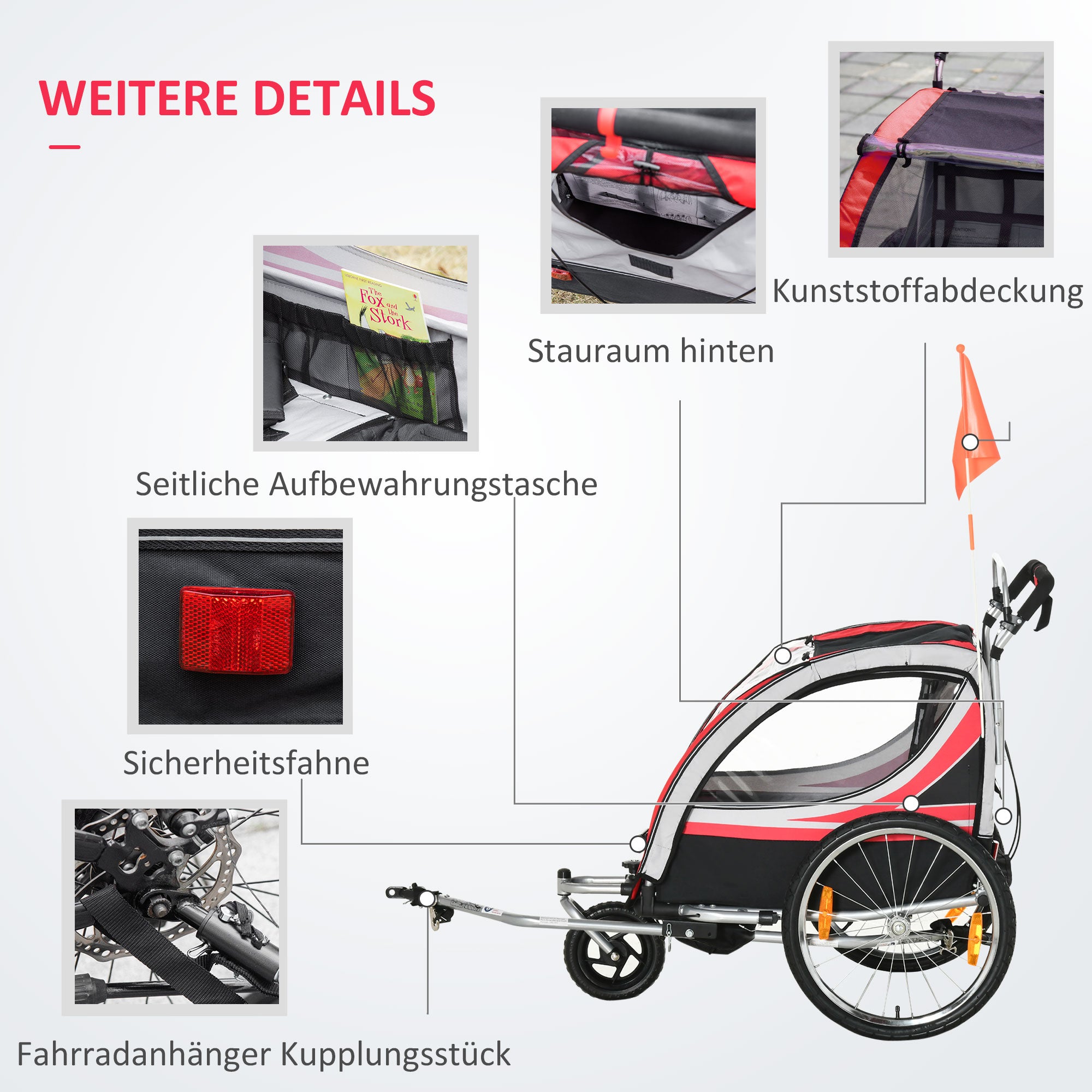 HOMCOM Kinderfahrradanhänger, 2-in-1, Joggerfunktion, wetterfeste Plane, Stahlrahmen, rot+schwarz, 142 x 75 x 101cm