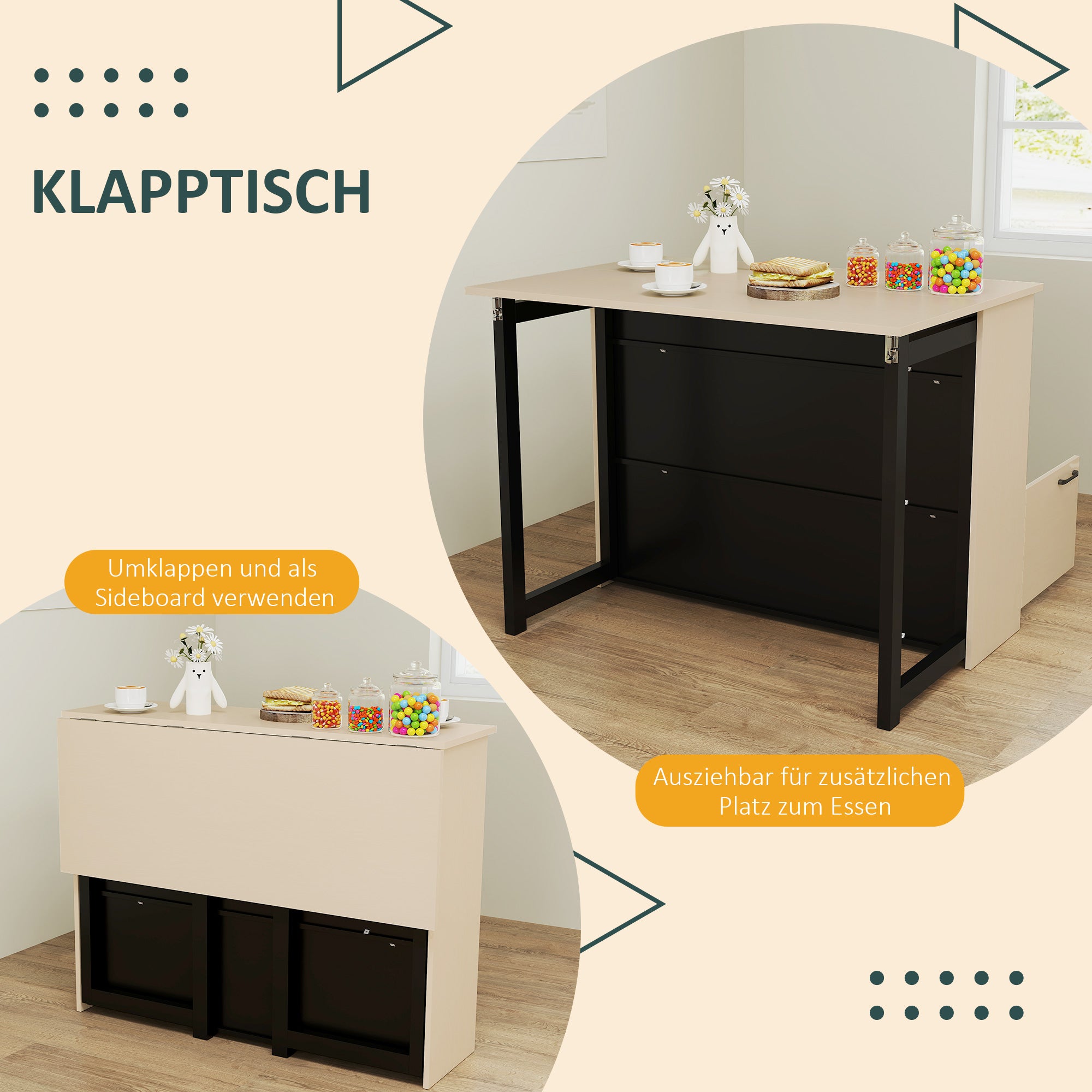 HOMCOM 3-tlg. Barset, Bartisch mit klappbarer Tischplatte, 2 Barhocker, 6 Staufächer, schwarz+Eiche, 116 x 70 x 89,5 cm