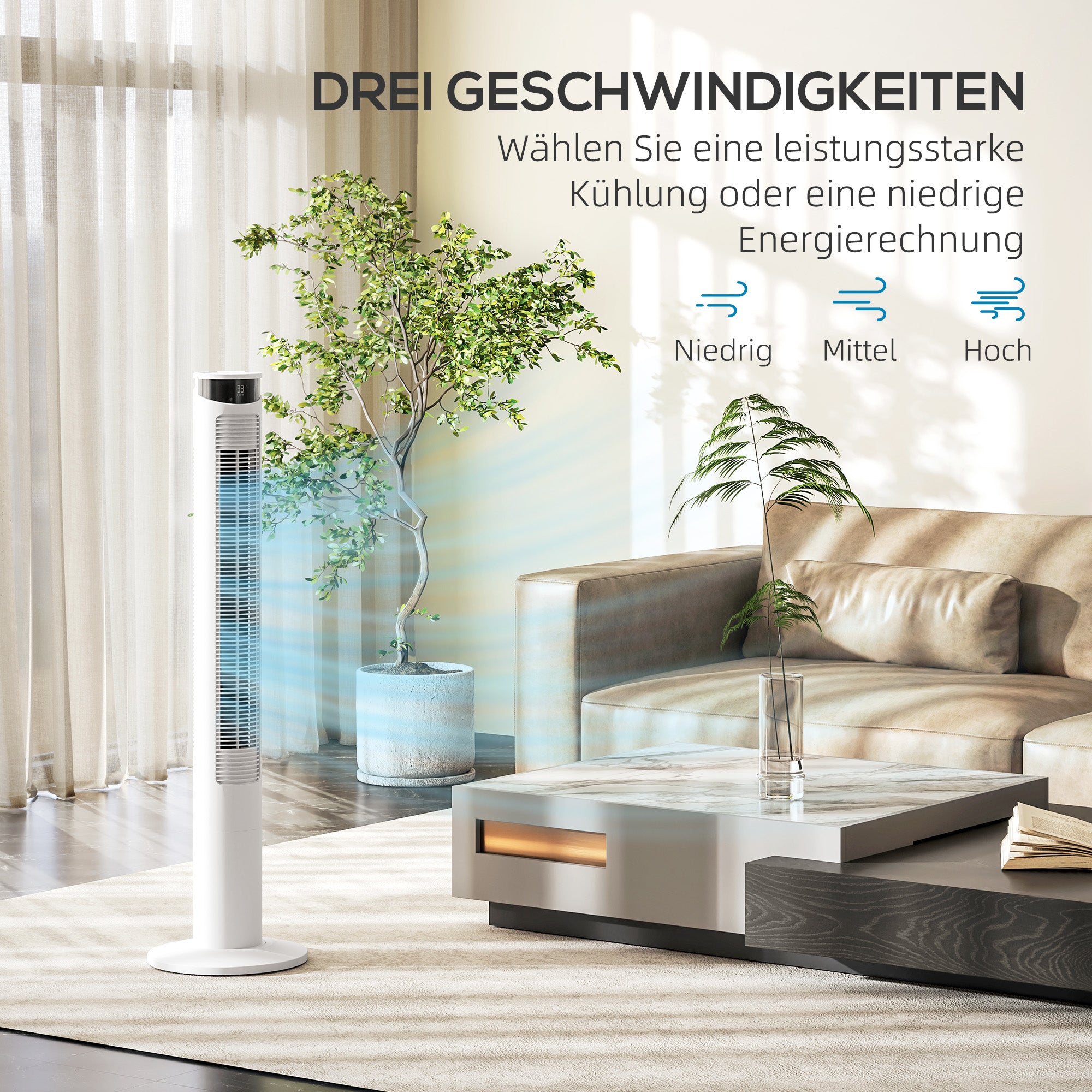 HOMCOM Turmventilator, Klimaanlage mit 4 Modi, 3 Geschwindigkeiten, Timer, Weiß