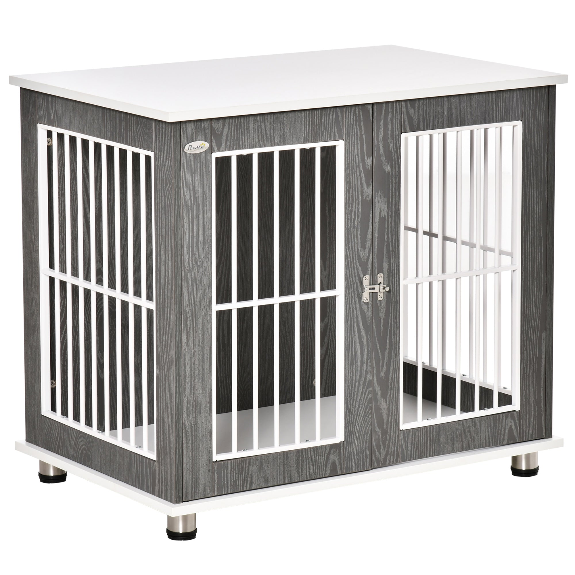 PawHut Transportbox für mittelgroße und kleine Hunde, verriegelbar Holzwerkstoff Stahl Grau + Weiß