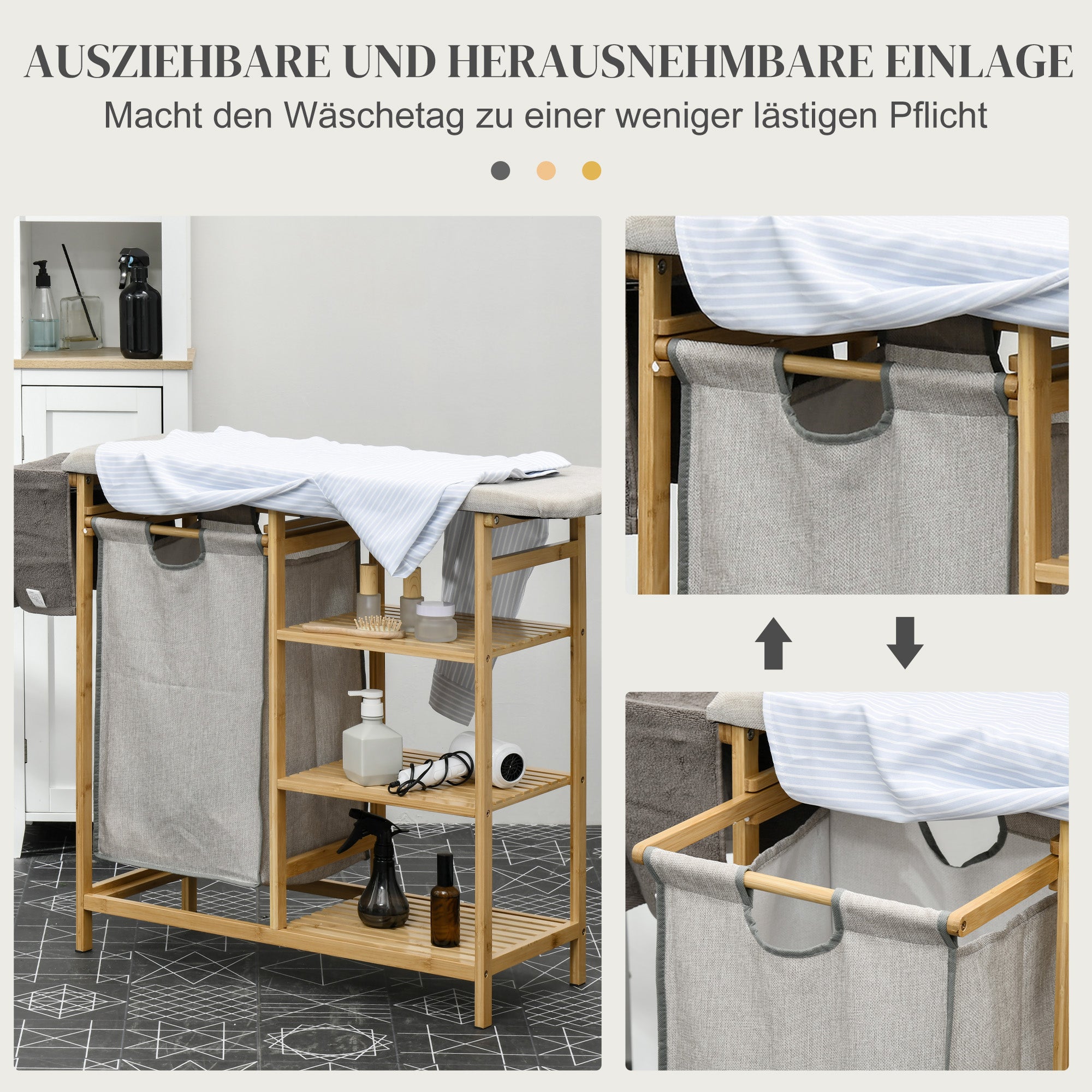 HOMCOM Wäschesammler, multifunktional, Bügelbrett & Stoffsack 57L, Bambusgestell, 113x34x82cm, Natur/Grau