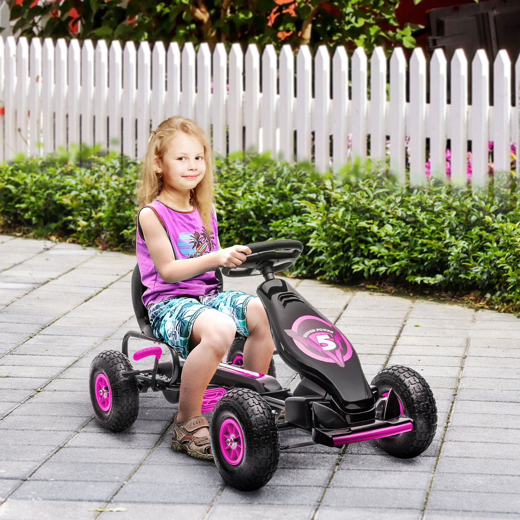 HOMCOM Kinder-Gokart, mit Pedalen, verstellbarem Sitz, In- und Outdoor, ab 5 Jahren, Rosa+Schwarz, 121 x 58 x 61 cm