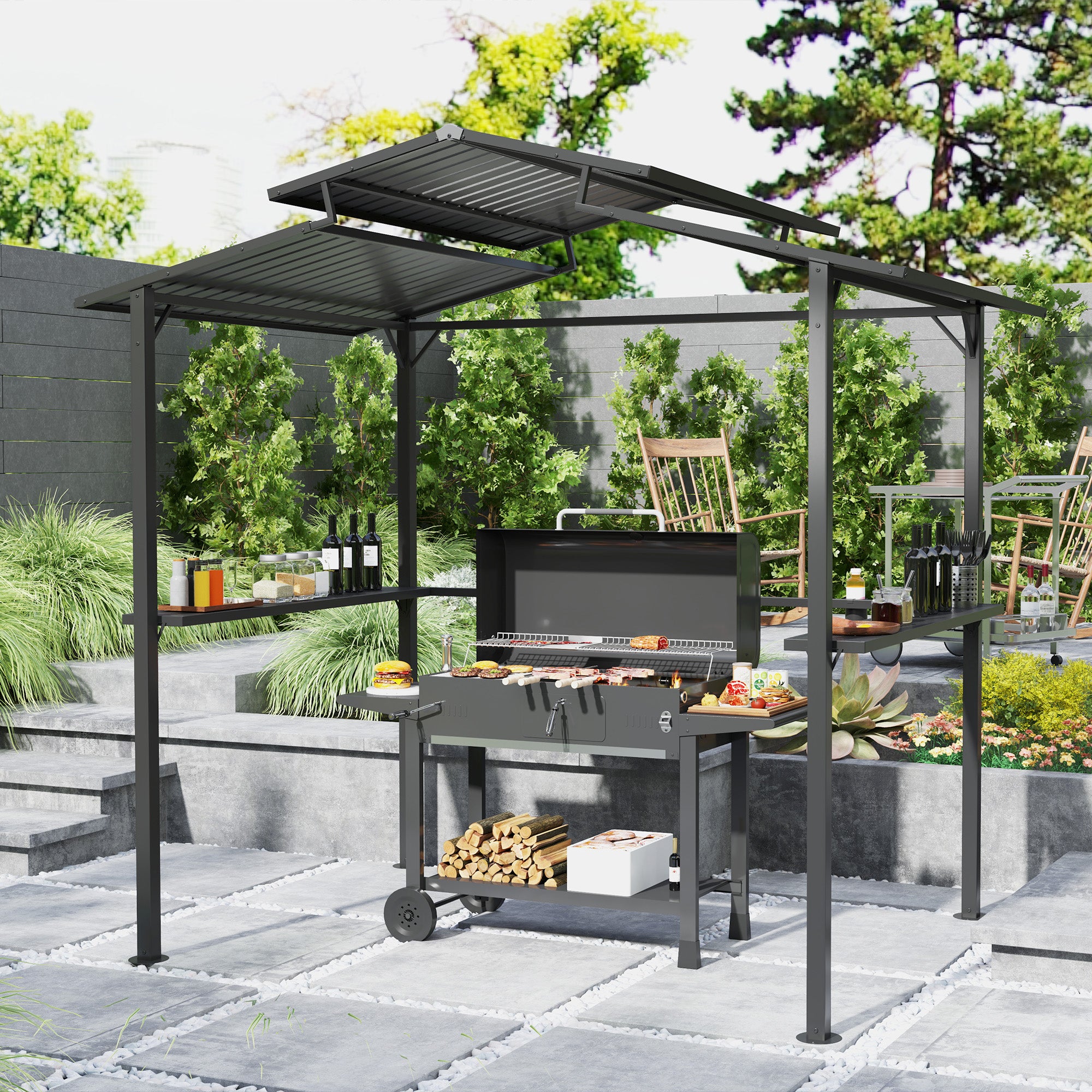 Outsunny Grillpavillon 250 x 160 x 250 cm wasserdicht Gartenpavillon mit Doppelschichtdach, Seitenregalen Schwarz