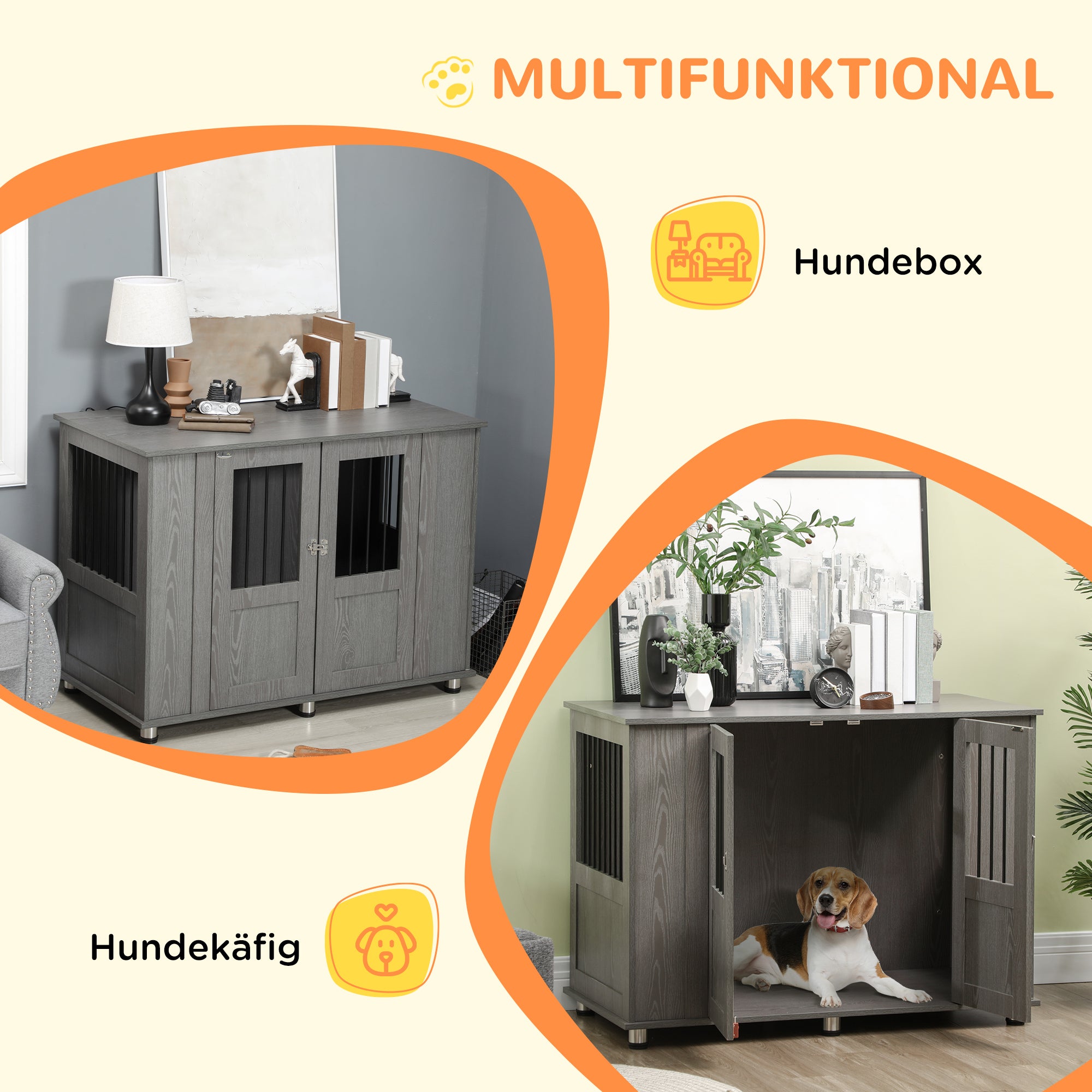 PawHut Hundekäfig Hundebox, 2 Türen, inkl. Verriegelung,116 cm x 60 cm x 87 cm, Grau