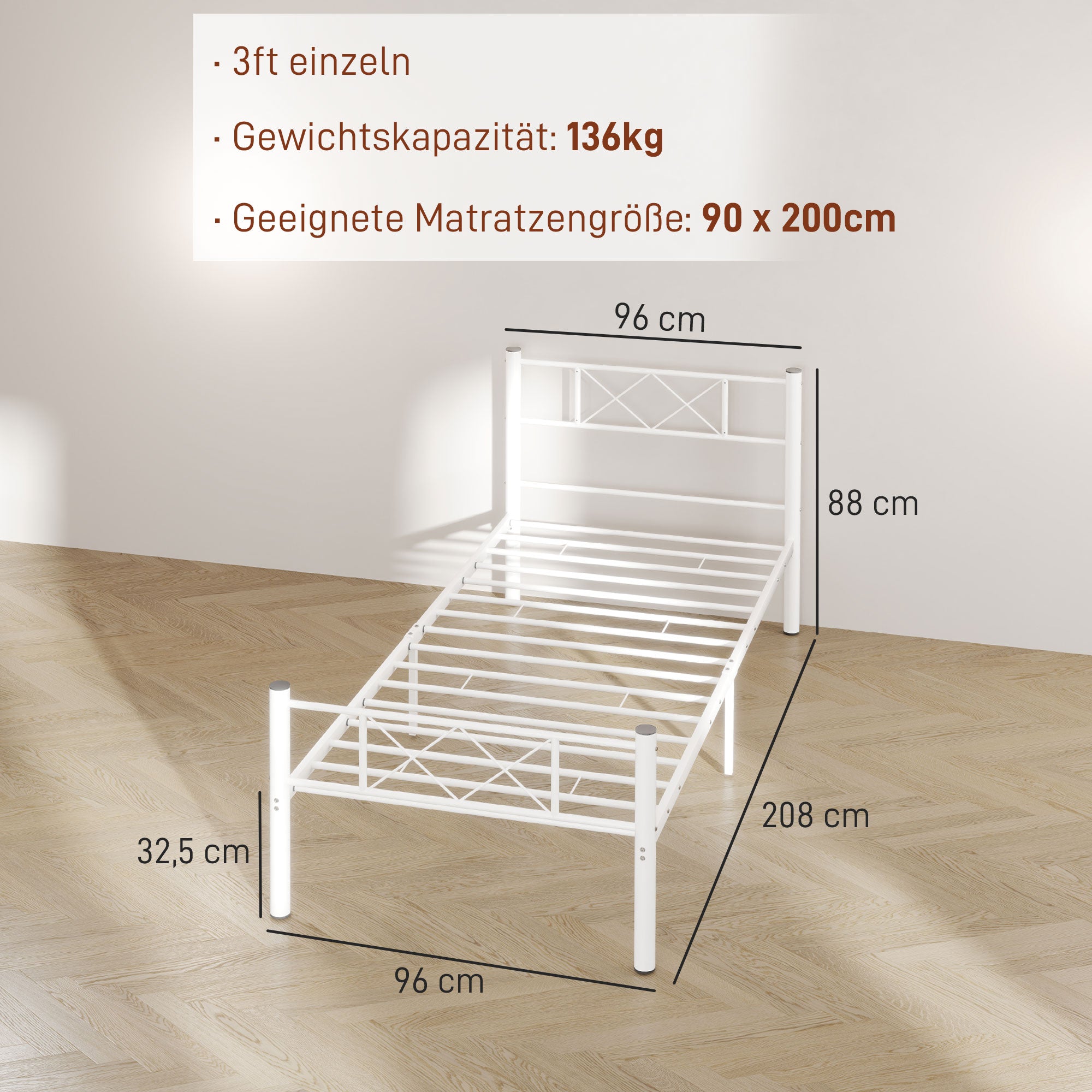 HOMCOM Einzelbettgestell mit hohem Kopfteil, Leichte Montage, Stauraum unter dem Bett, Stahl, Weiß