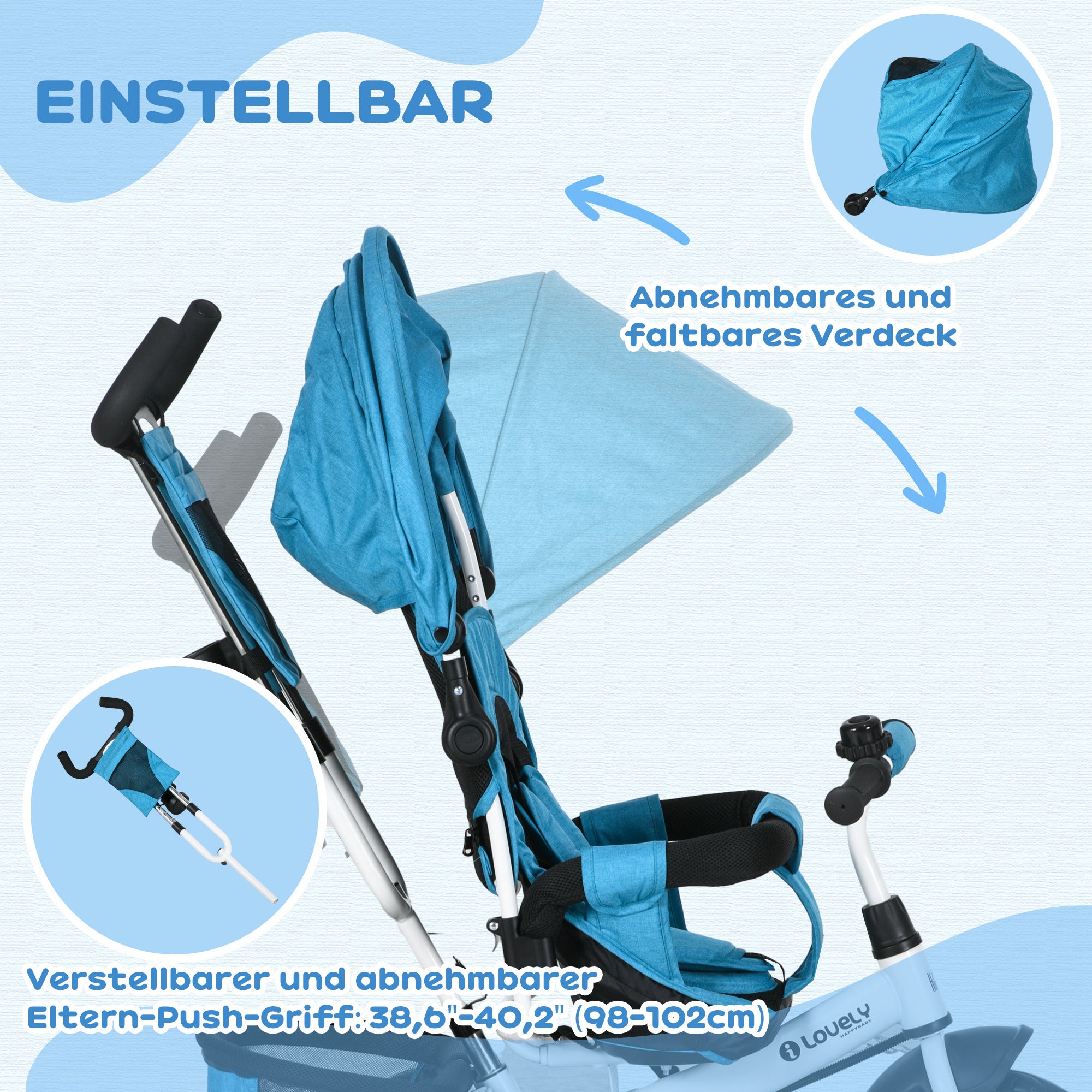 HOMCOM Kinder-Dreirad, Kinderfahrrad, Rückenkorb, Becherhalter, Sonnendach, Metall, Blau