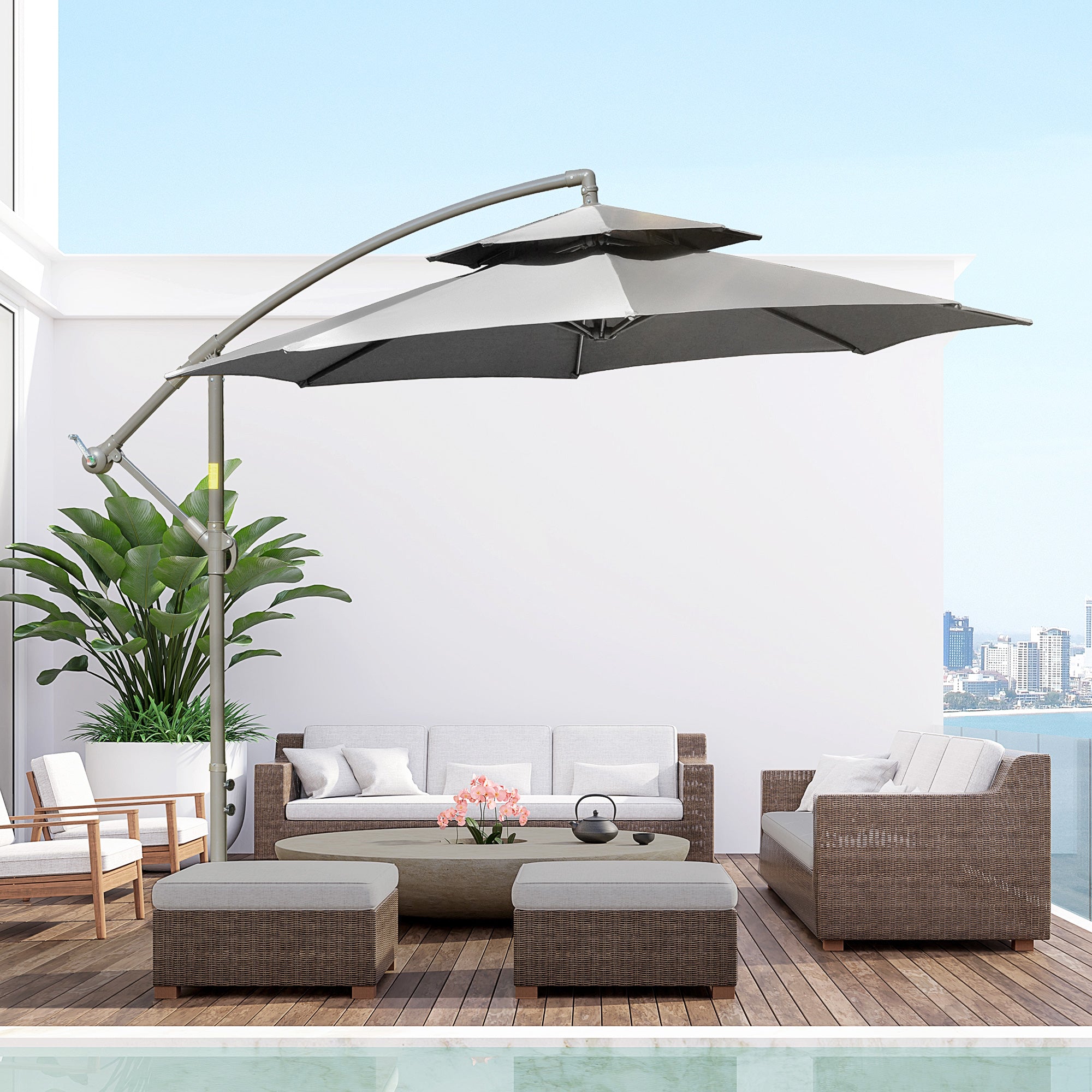 Outsunny Sonnenschirm Ampelschirm Ø2,67 x 2,45 m Kurbelschirm mit Doppeldach Kreuzbasis Stahl Outdoor Sonnenschutz Polyester Stahl Hellgrau