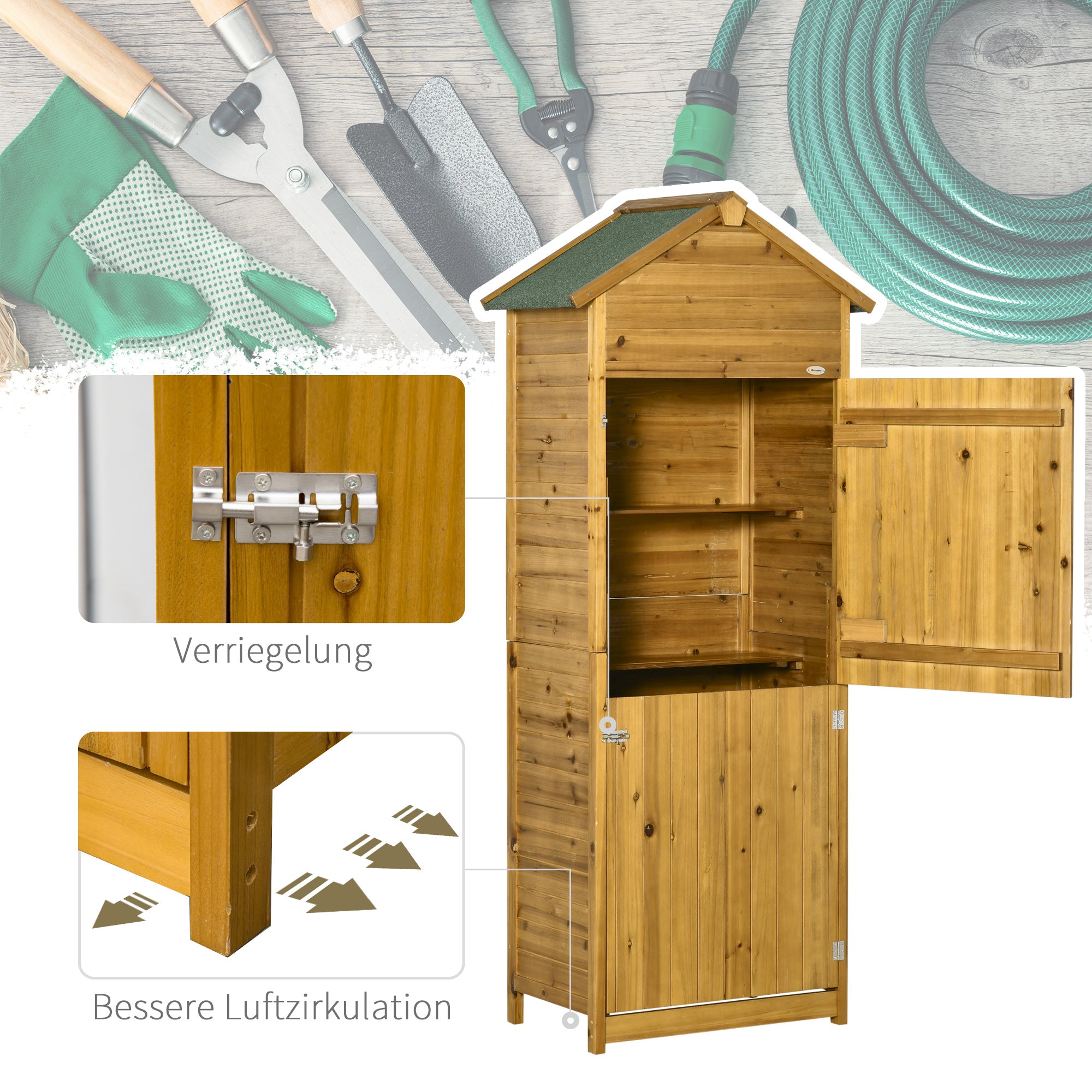 Outsunny Geräteschrank, Gartenschuppen, 2 Regale, 2 Türen, wetterfest, Naturholz, 79 x 49 x 190cm