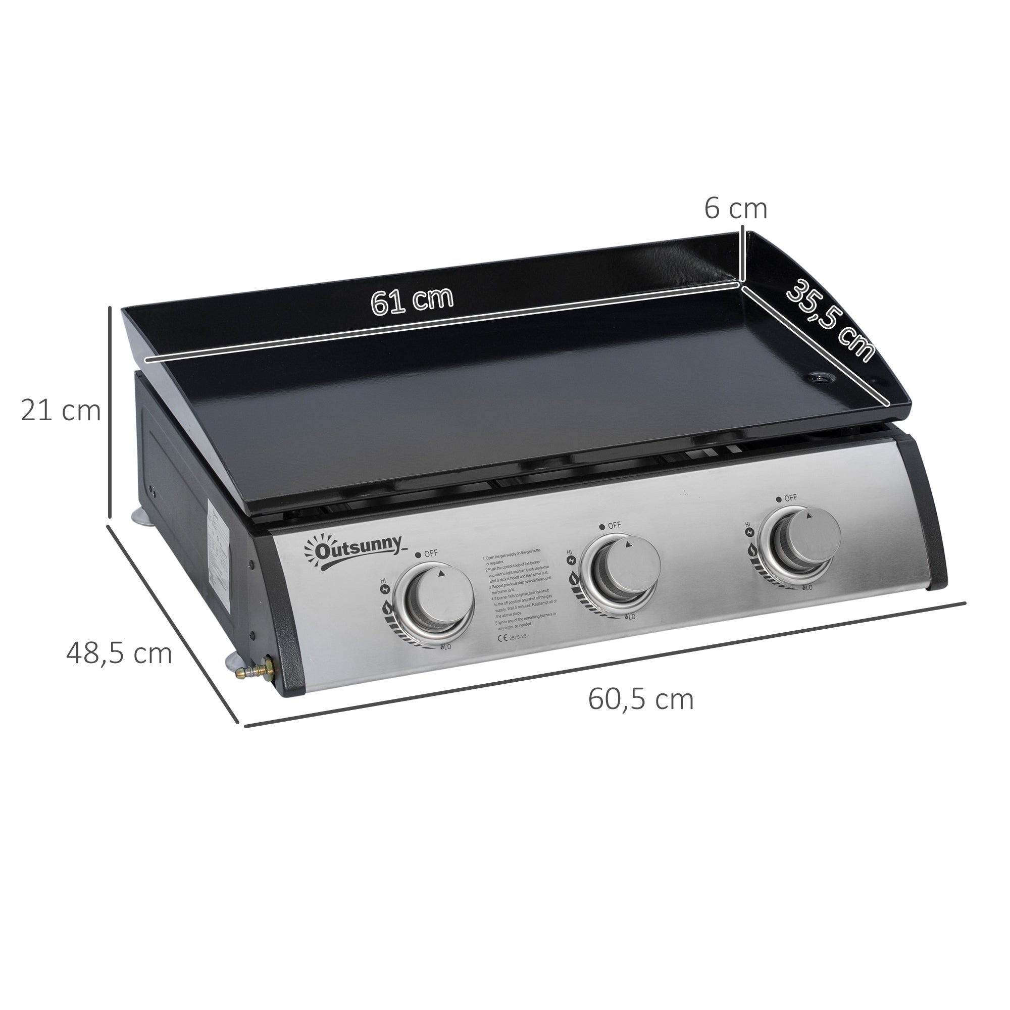 Outsunny Gasgrill mit 3 Brennern, Schlauch, Antihaft-Grillplatte, Edelstahl, Farbe: Silber, 63 x 48 x 21 cm