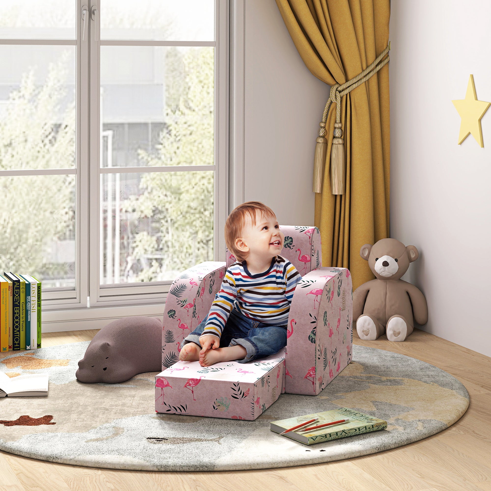 AIYAPLAY Kindersessel mit Bettfunktion, bis 3 Jahre/45 kg, Flamingo-Muster, 46,5x93x28,5 cm, Rosa