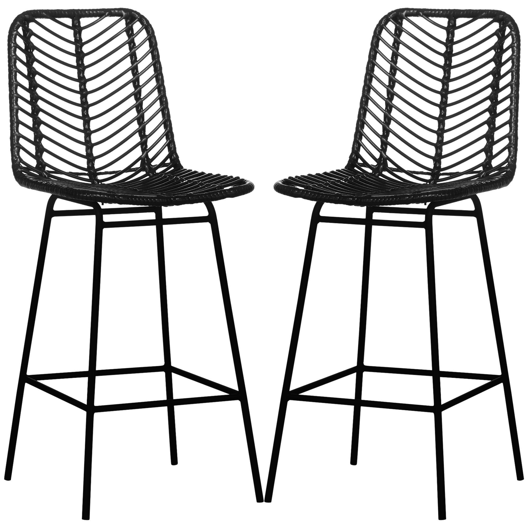 HOMCOM Barhocker, 2er-Set, Rattanoptik, Fußstütze, Stahlrahmen, rutschfest, bis 120 kg, 42,5x52x102 cm, Schwarz