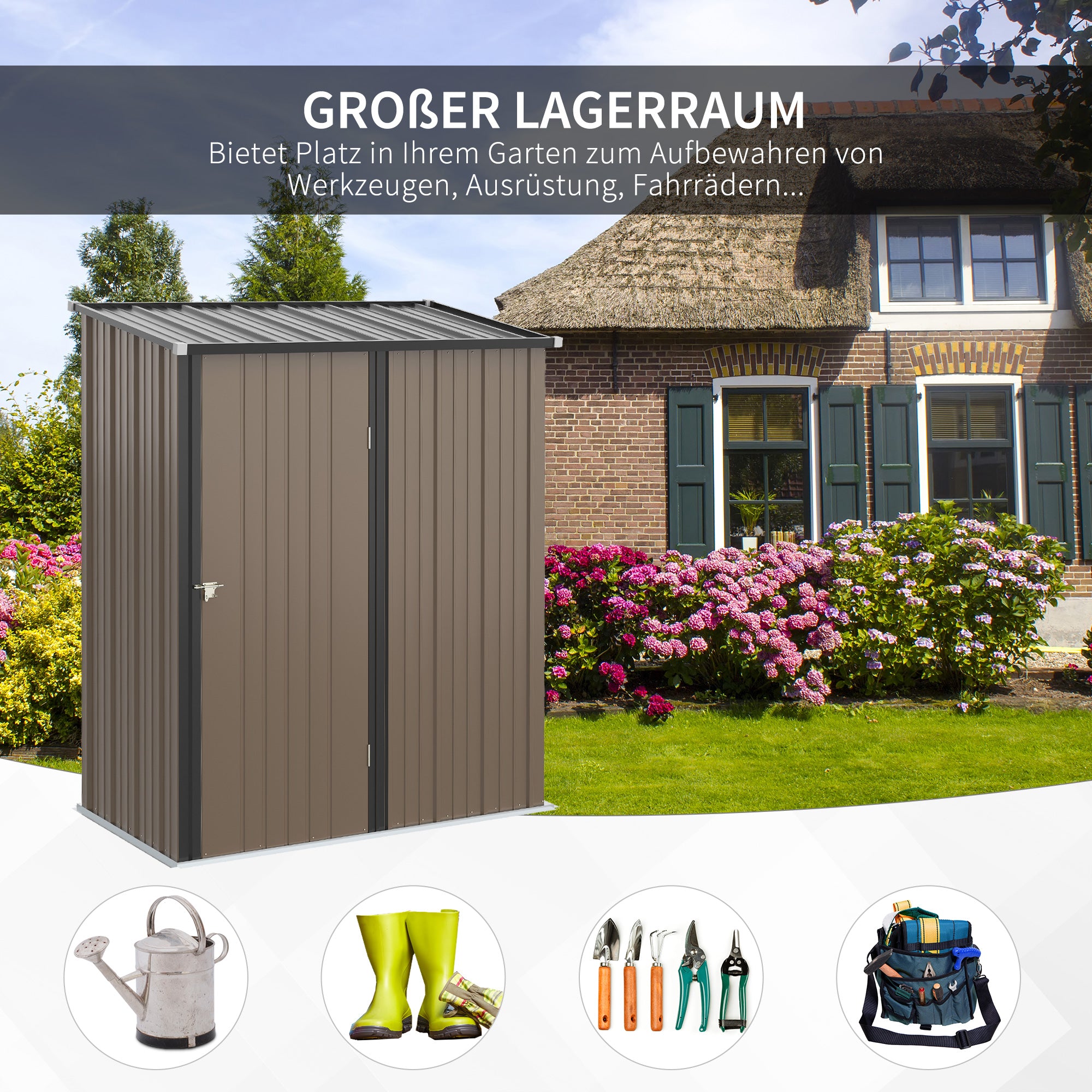 Outsunny Gerätehaus 1,34 m² Geräteschrank mit Pultdach abschließbar Gartenhaus Geräteschuppen aus verzinkter Stahl 161,5 x 94,5 x 196 cm Braun