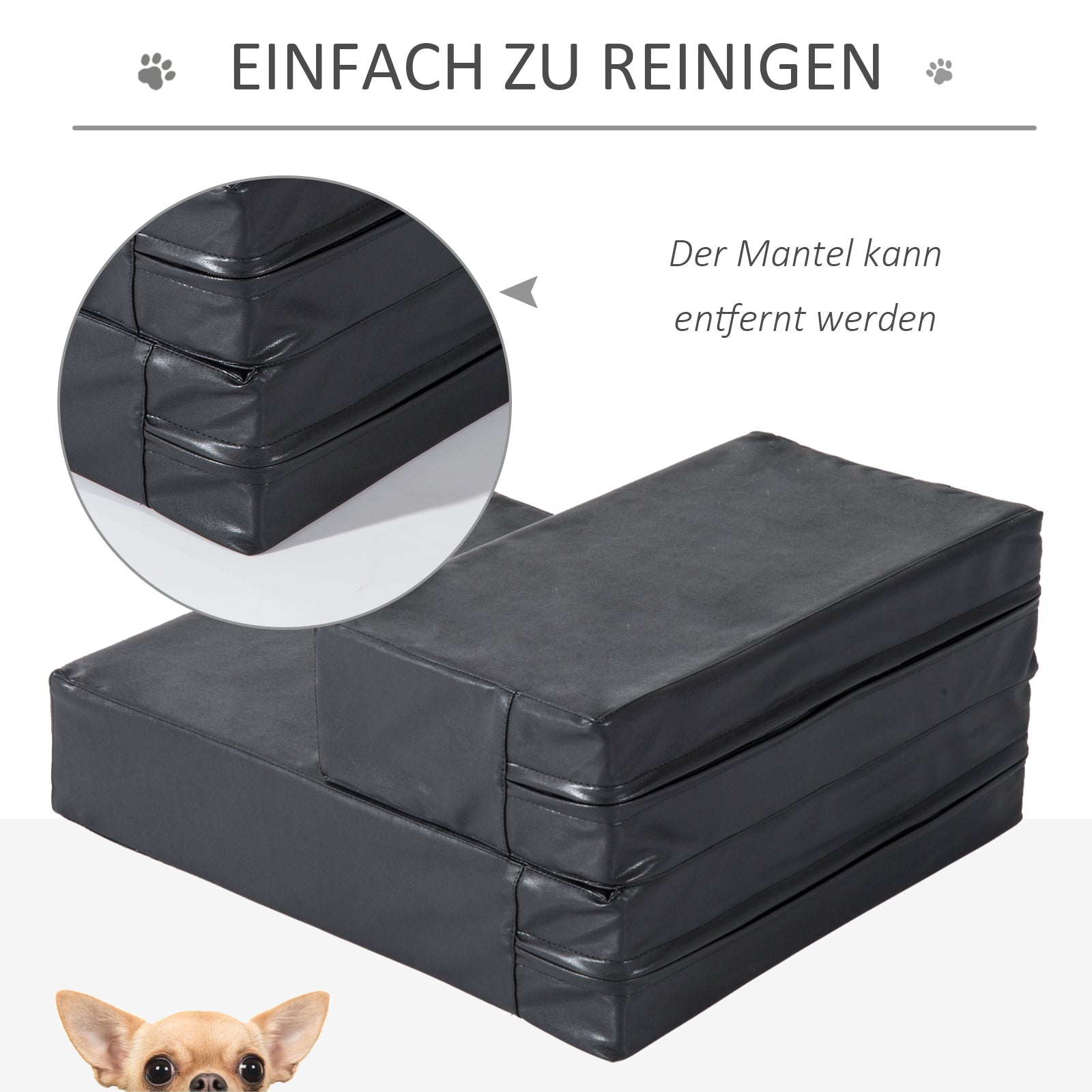 PawHut Haustiertreppe Tierunterlage 2 Stufen Klappbar Hundetreppe Treppe Unterlage für Katzen und Hunde Schwarz L45 x B39 x H20 cm