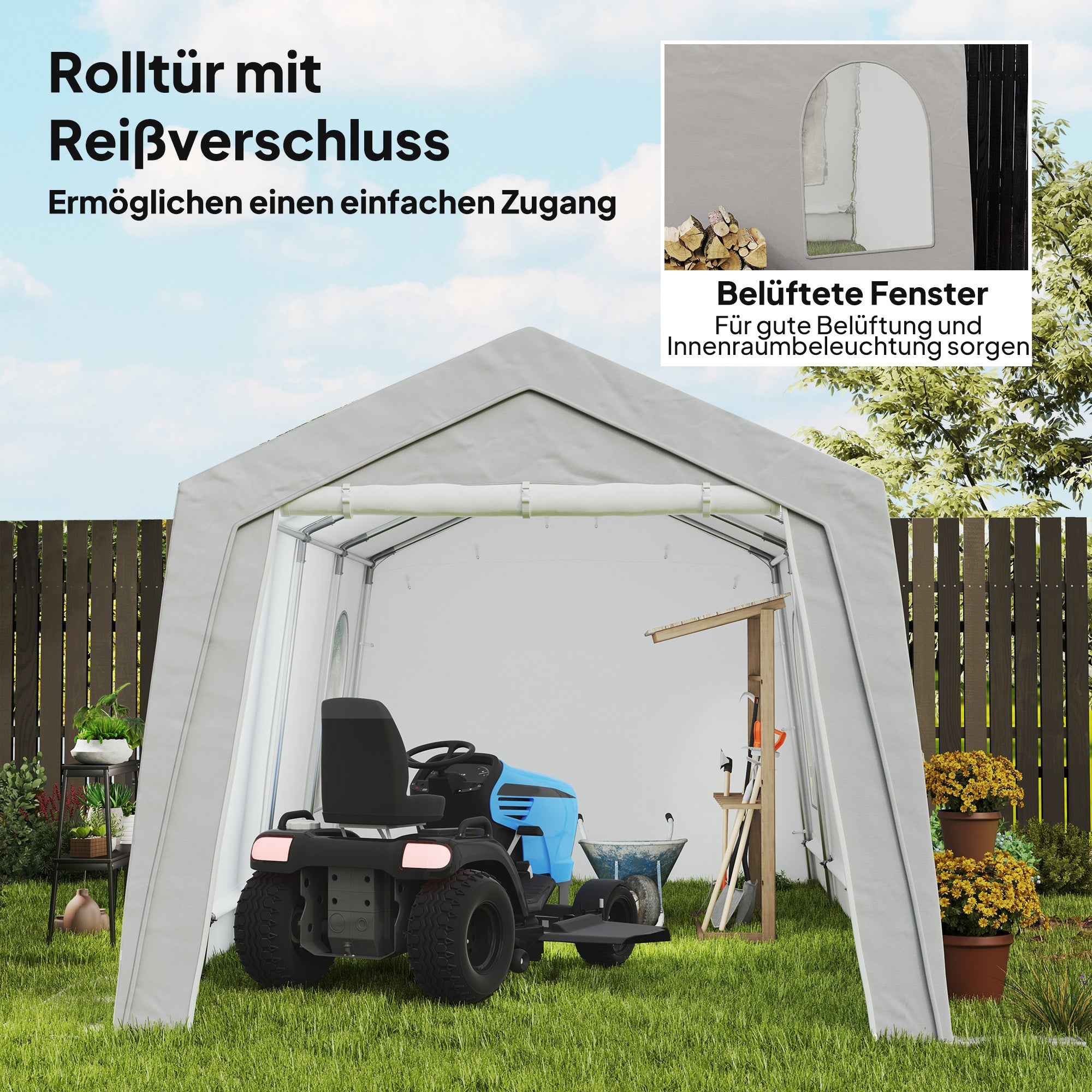 Outsunny 3 x 6 m Wasserdichter Gartenschuppen mit UV-beständiger Kunststoff-Plane und Metallgestell, Hellgrau