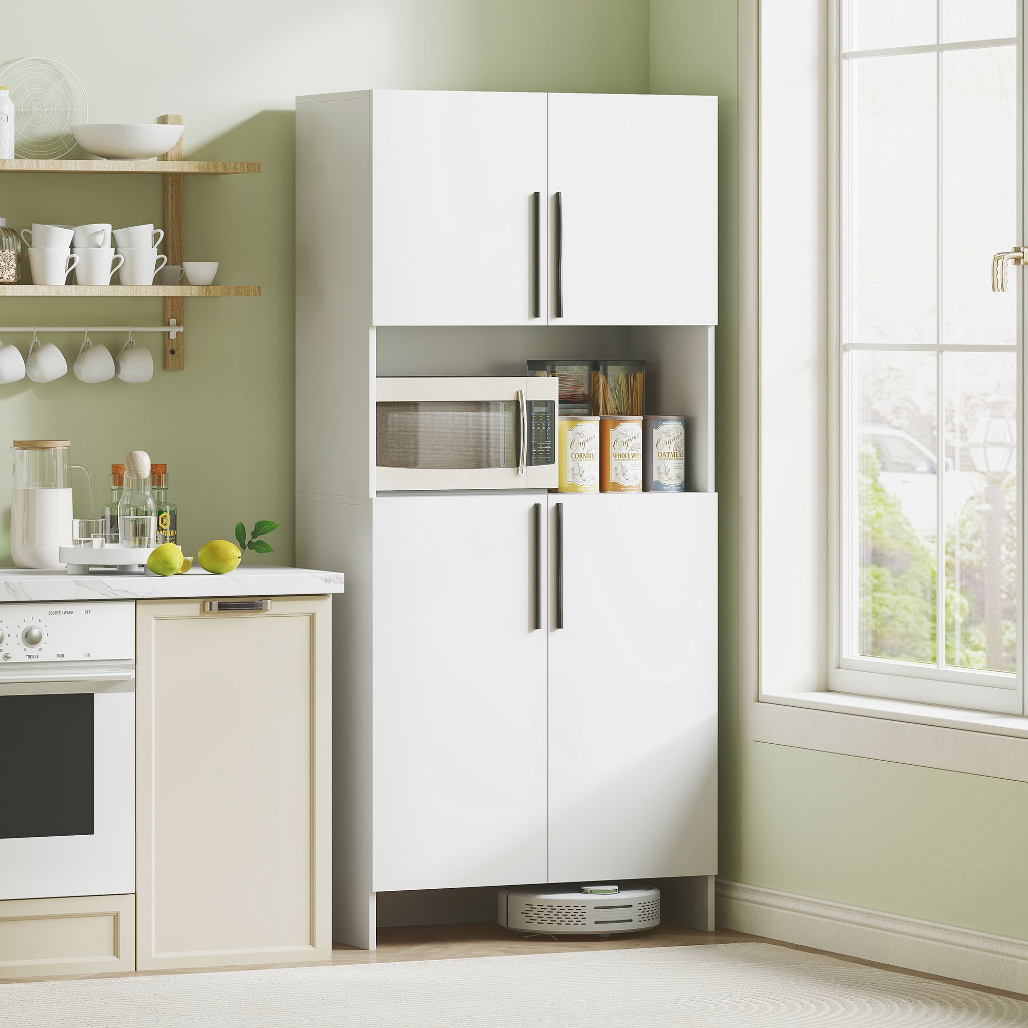 HOMCOM Küchenschrank, Vorratsschrank für Küche, Wohnzimmer, Esszimmer, Schränke, Regale, Mikrowellenablage, Spanplatte, Weiß