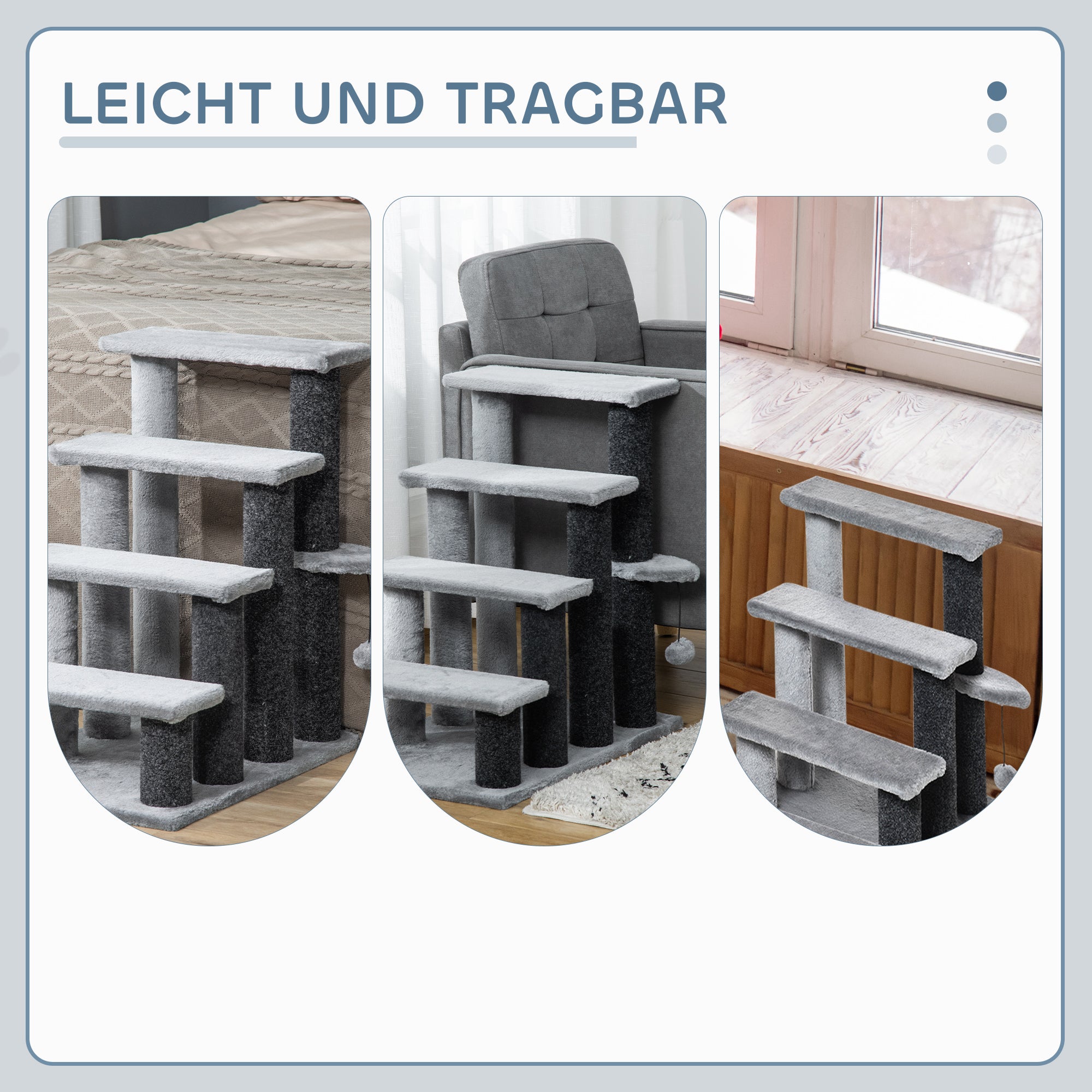 PawHut Katzentreppe 4-stufige Haustiertreppe mit Kratzsäulen Ball Hundetreppe Tiertreppe für Katzen bis 5 kg Plüsch Jute Grau 60 x 40 x 64 cm