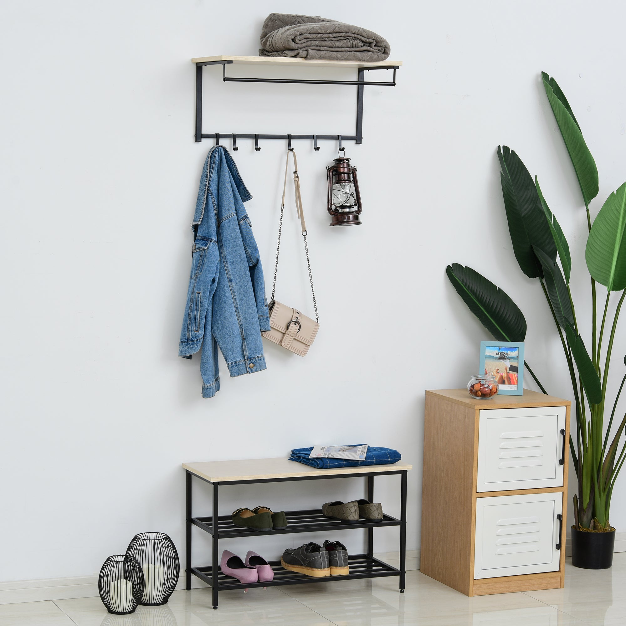 HOMCOM 2-in-1 Garderobenset Flurgaderobe mit Sitzbank Wandgarderobe für Eingangsbereich, 6 Haken, Natur+Schwarz, 75 x 30 x 45 cm(Sitzbank)