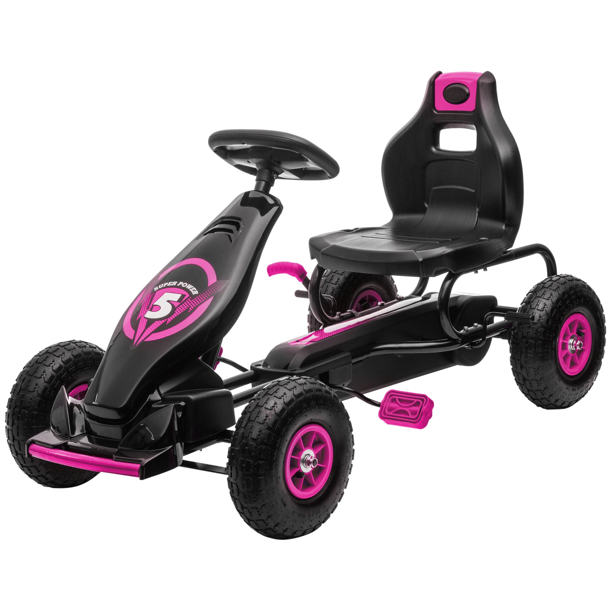 HOMCOM Kinder-Gokart, mit Pedalen, verstellbarem Sitz, In- und Outdoor, ab 5 Jahren, Rosa+Schwarz, 121 x 58 x 61 cm