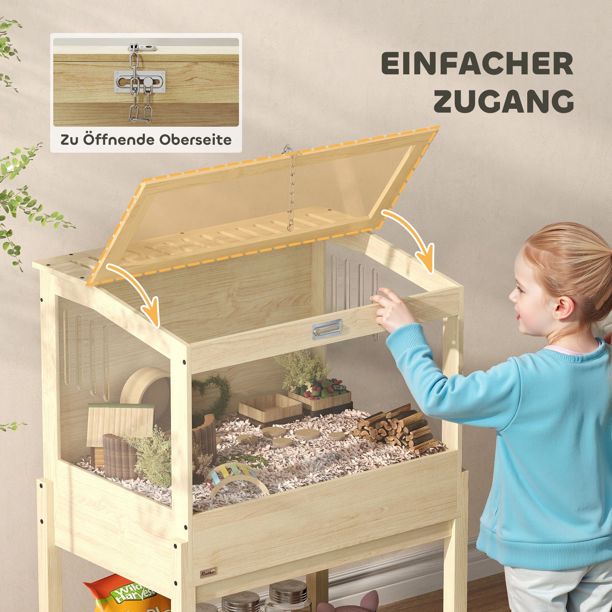PawHut Hamsterkäfig 2 Etagen Nagerkäfig Kleintierkäfig mit klappbarem Deckel, groß 83,2 x 50 x 103 cm Naturholz