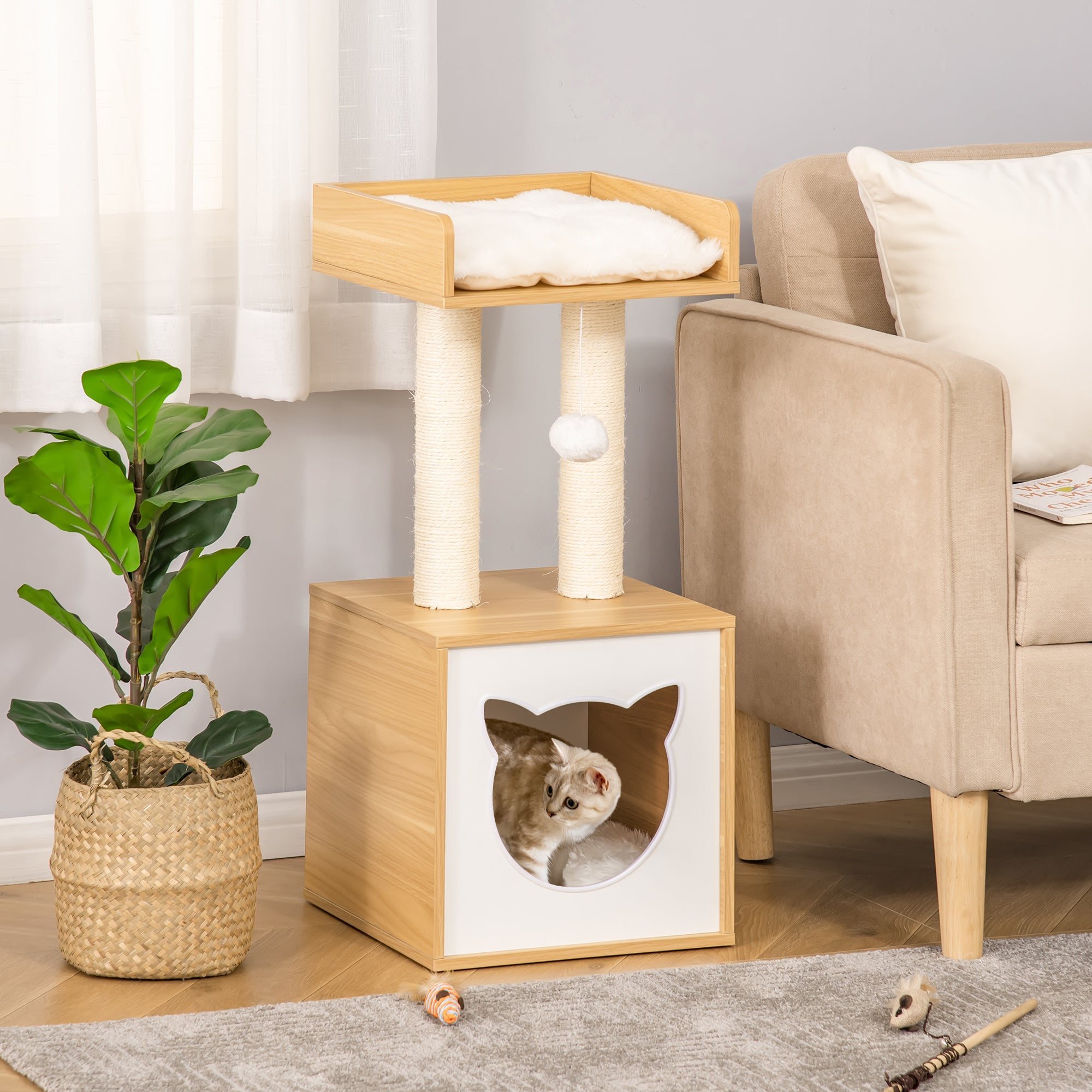 Pawhut Katzenhöhle mit 2 weichen Kissen Katzenbaum mit Katzenbett Spielzeug Kugel Katzenhaus, Sisal Natur 35 x 35 x 81 cm
