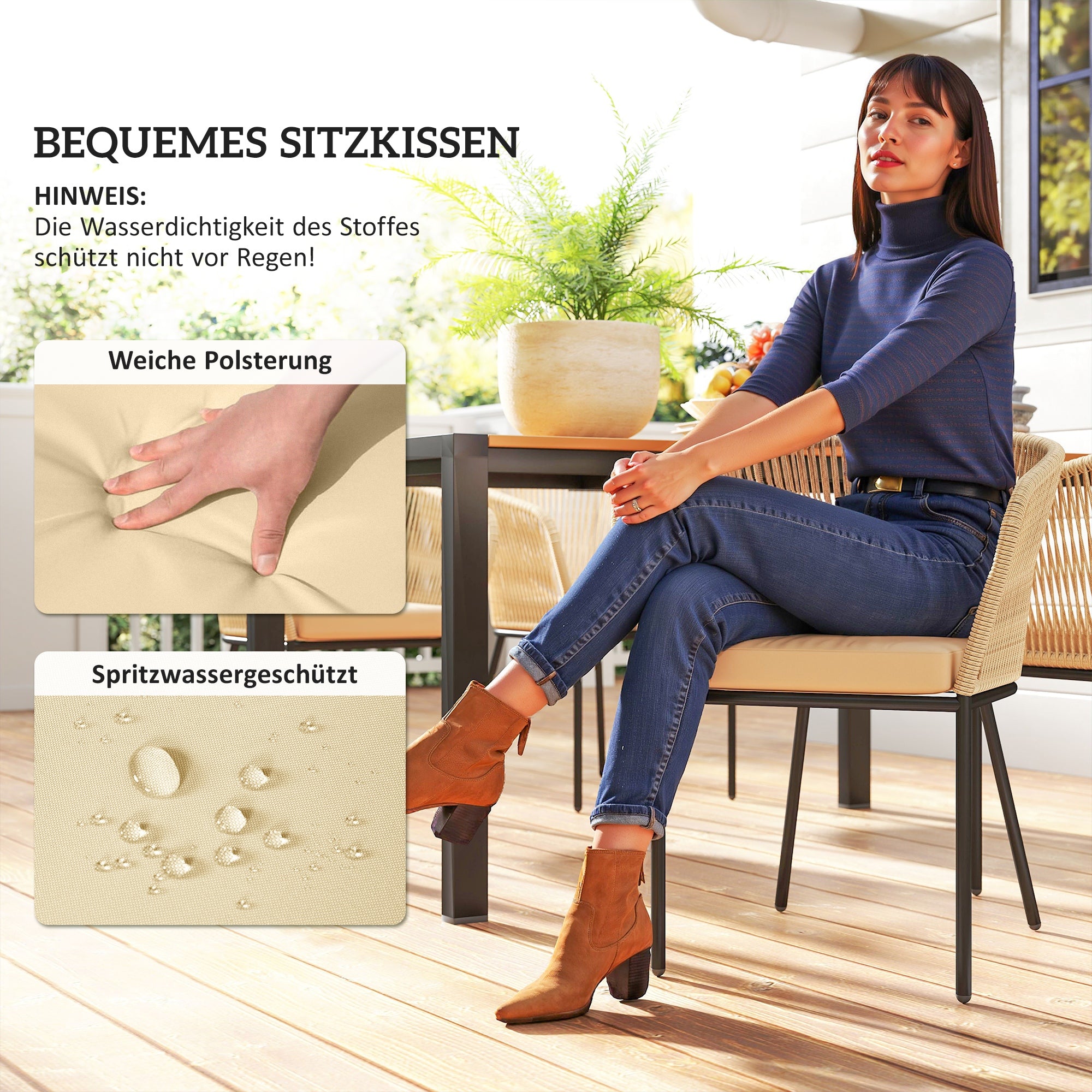 Outsunny 5-teiliges Gartenmöbel-Set, 4 Stühle, 1 Tisch, Kunst-Rattan, Stahlgestell, waschbare Kissen, für Terrasse, Khaki