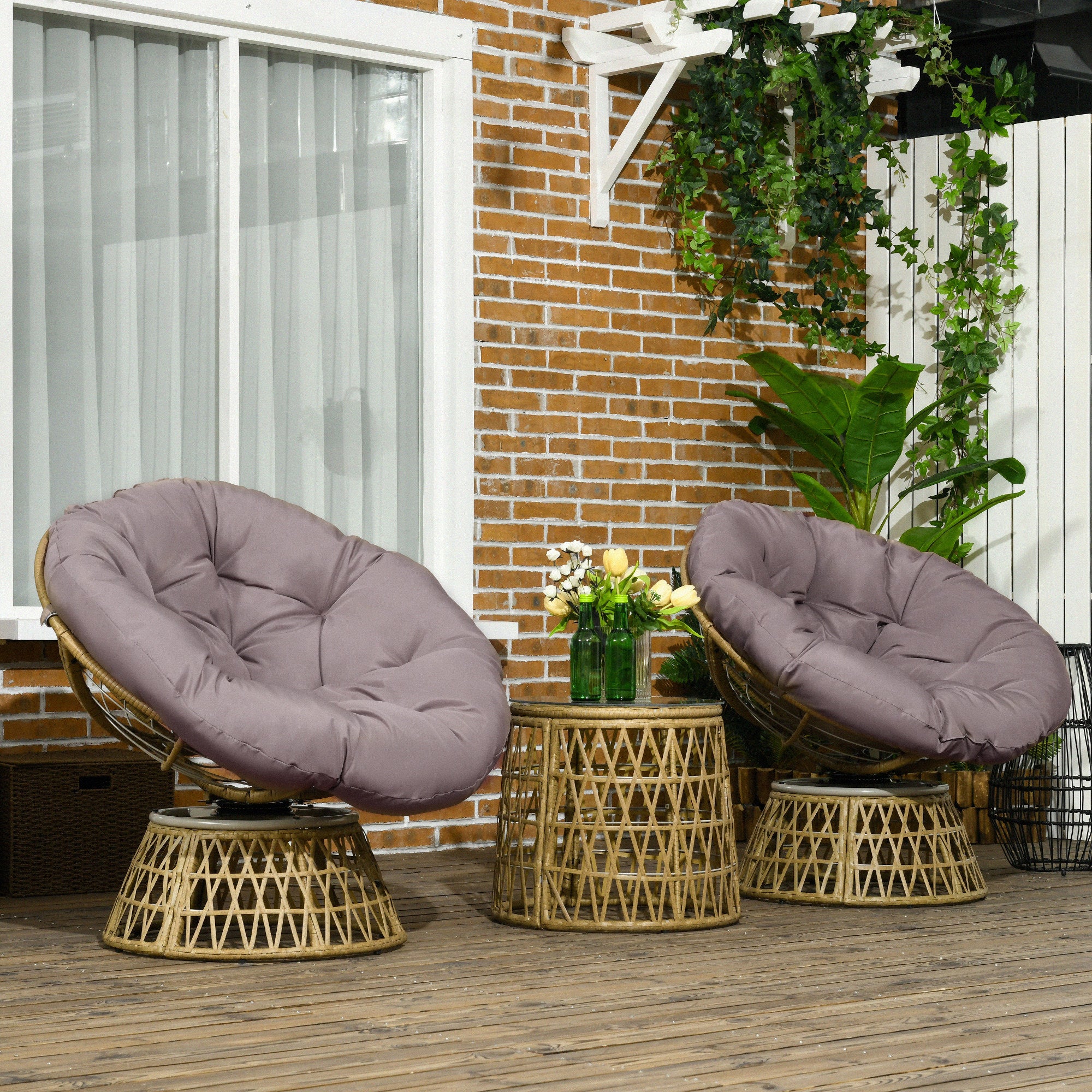 Outsunny Bistro-Set Balkon-Set Terrassenset, wetterbeständig, abnehmbare Polster, 85 cm x 70 cm x 82 cm, Natur +Hellbraun