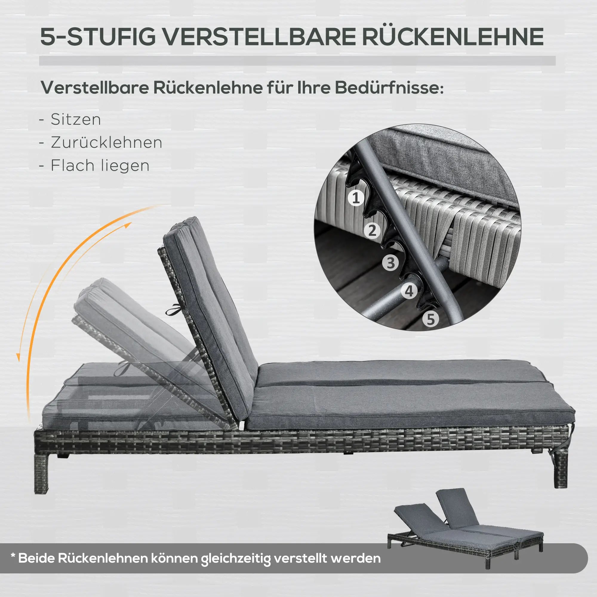 Outsunny Polyrattan Sonnenliege für 2 Personen 5-fach verstellbar