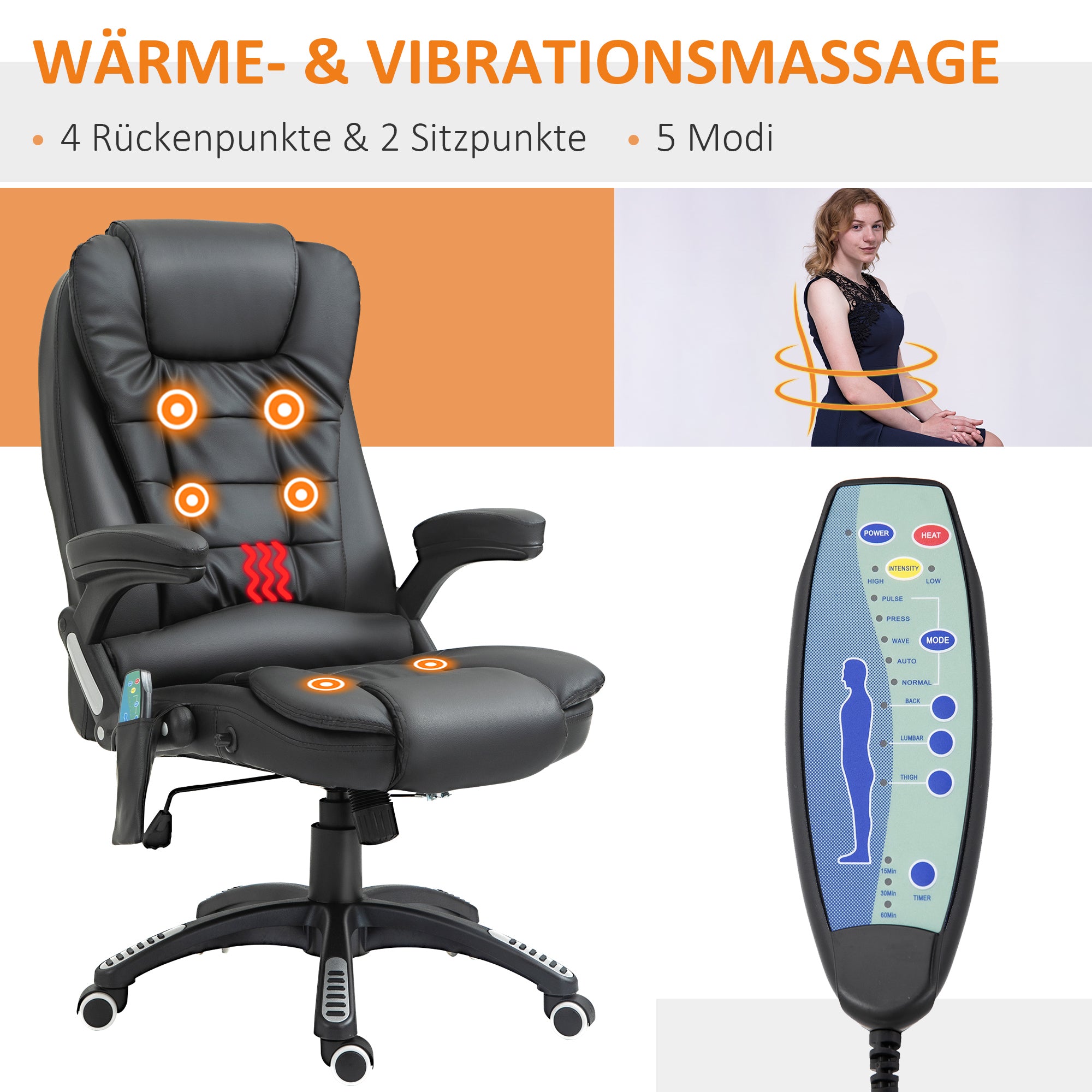 HOMCOM Massagesessel Bürostuhl, Chefsessel mit 6-Punkt-Vibrationsmassage und Wärmefunktion, drehbar Gaming-Stuhl, Kunstleder, 70 x 70 x 111–121 cm, Schwarz