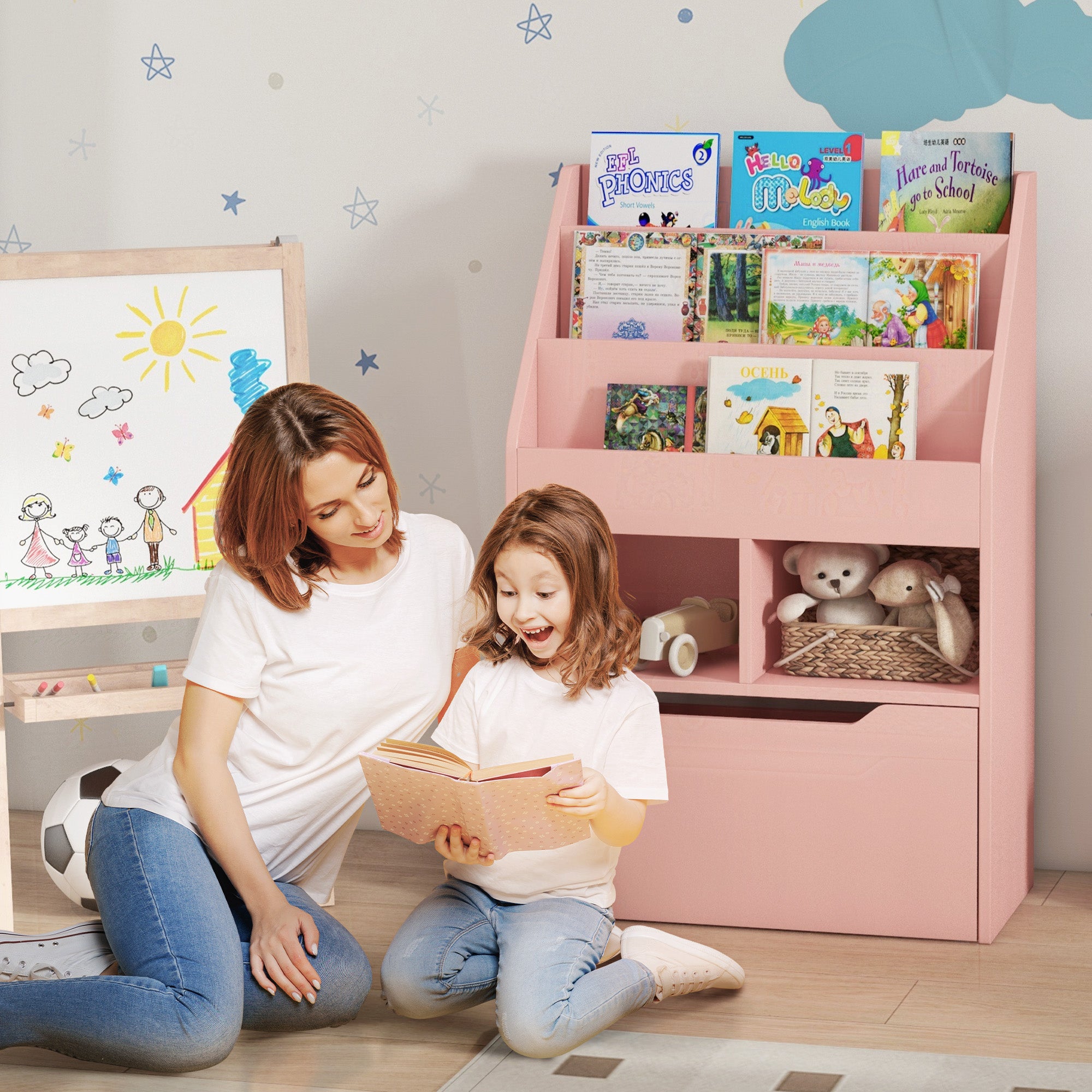 HOMCOM Kinderregal mit Schublade, Bücherregal mit Fächern, 60 x 29,9 x 90 cm, Rosa