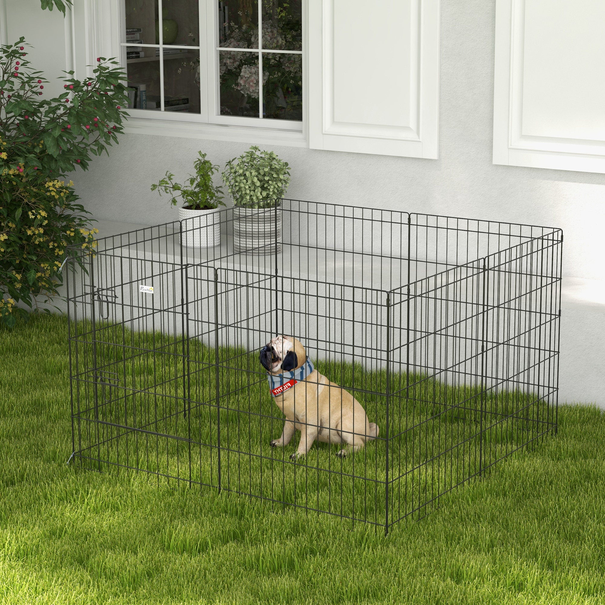 PawHut Haustierlaufstall, Spielgehege für Welpen und kleine Hunde, mit Tür, Indoor- und Outdoor-tauglich, 76 cm, Schwarz