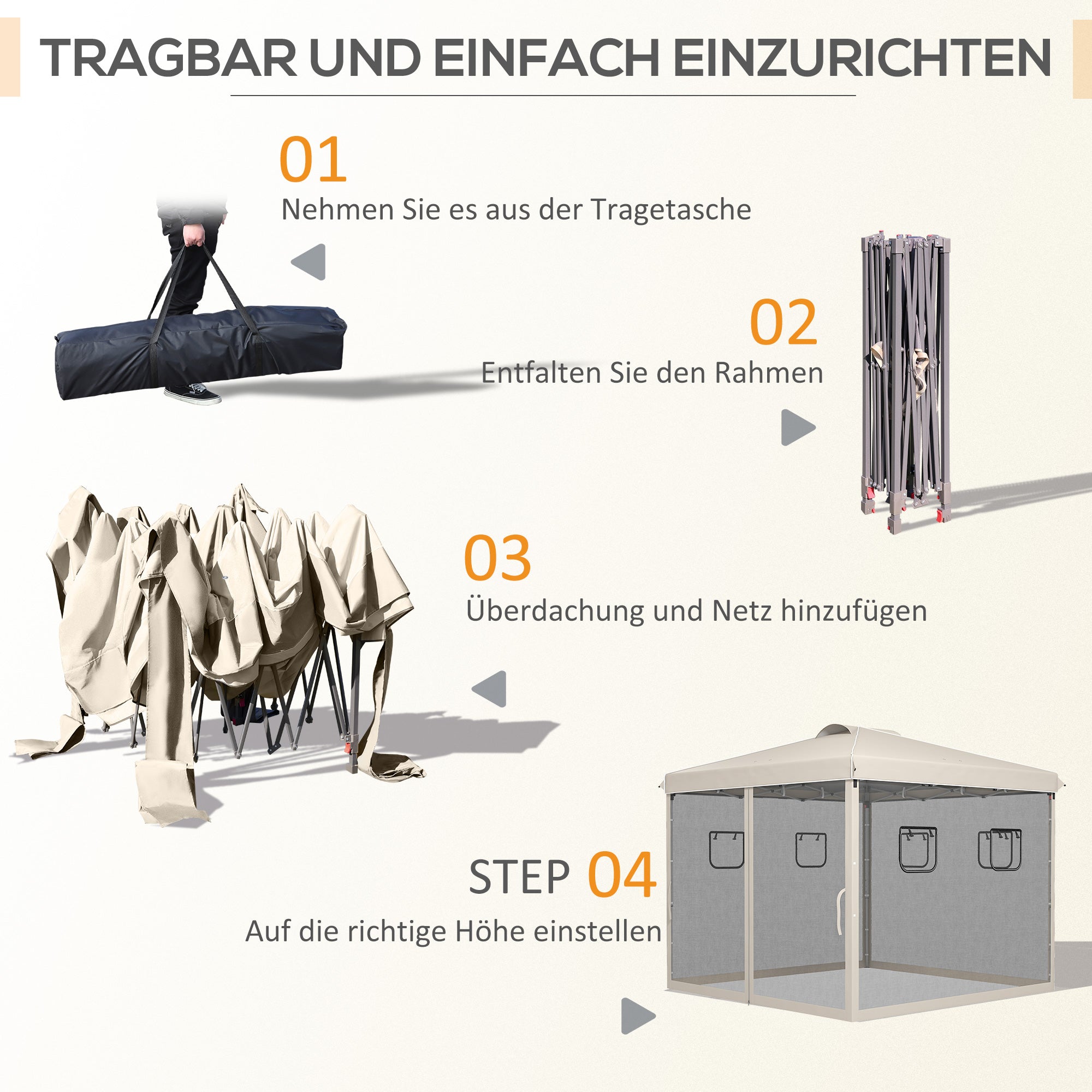Outsunny Faltpavillon, höhenverstellbar, Netzvorhänge, Tragetasche, Metallgestell, 3 x 3 x 3 m, Beige
