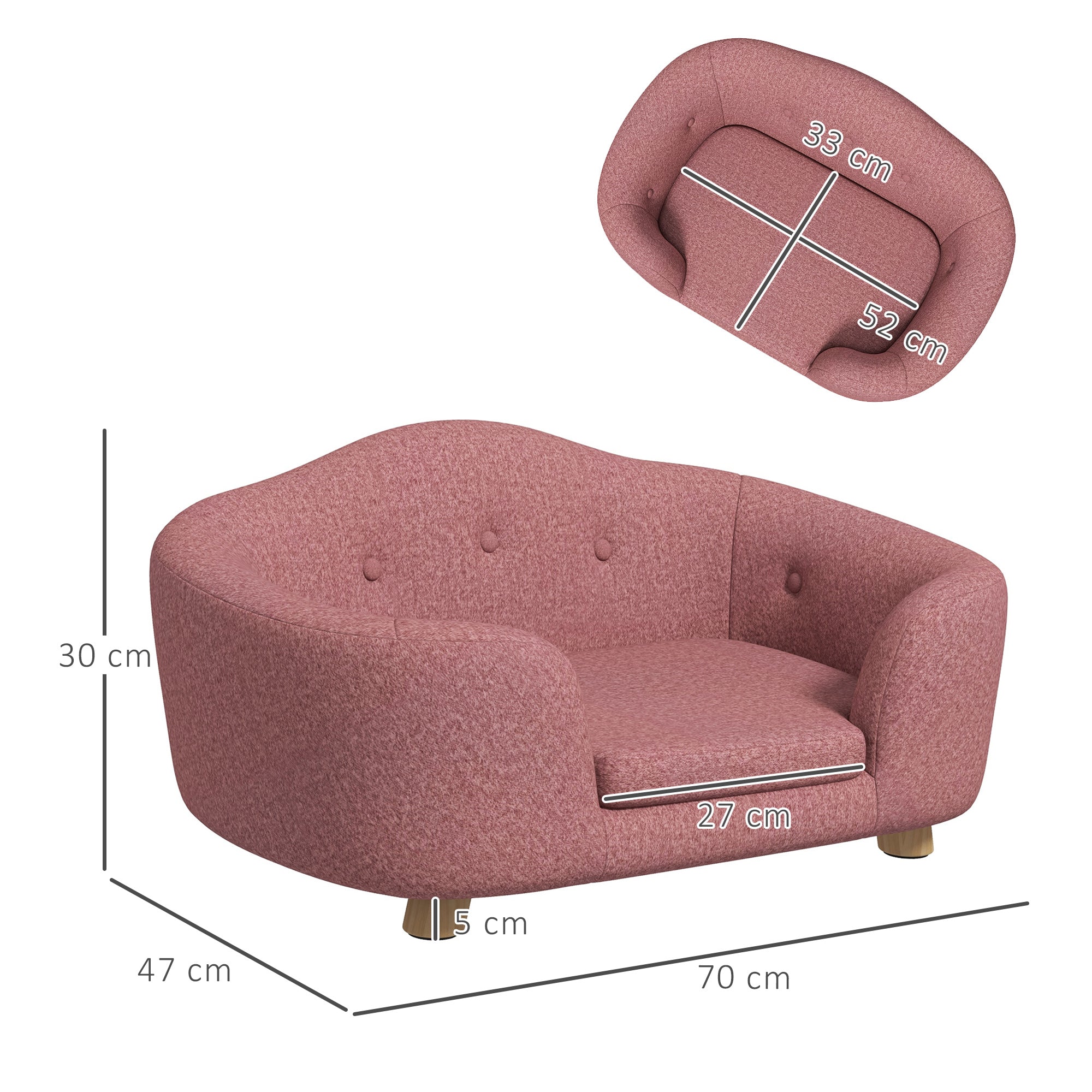 PawHut Haustiersofa Hundematte Hundebett Hundesofa Hundecouch Katzen Sofa mit Kissen Rückentasche Plüsch Schaumstoff Kiefernholz Rosa 70 x 47 x 30 cm
