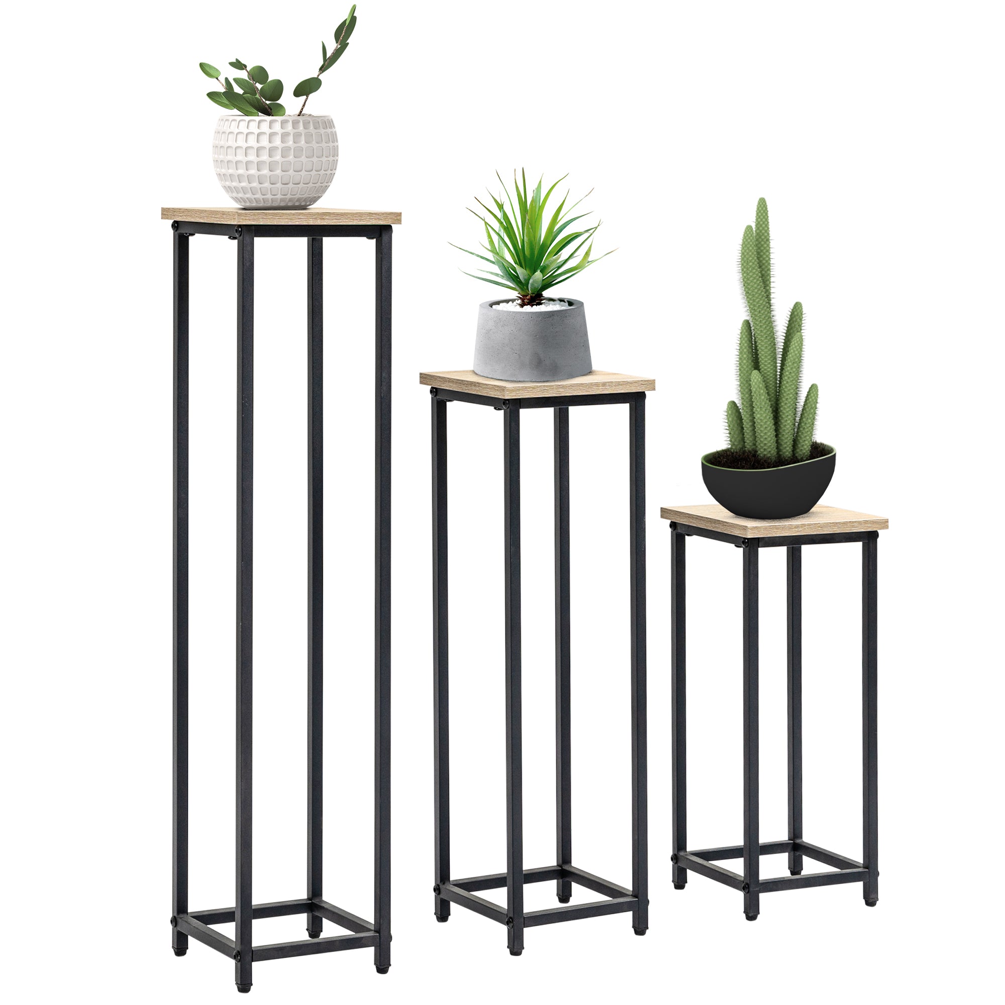 Outsunny 3-teiliges Set Pflanzenständer stapelbar platzsparend 21 cm x 21 cm x 50/70/90 cm Stahl Braun + Schwarz