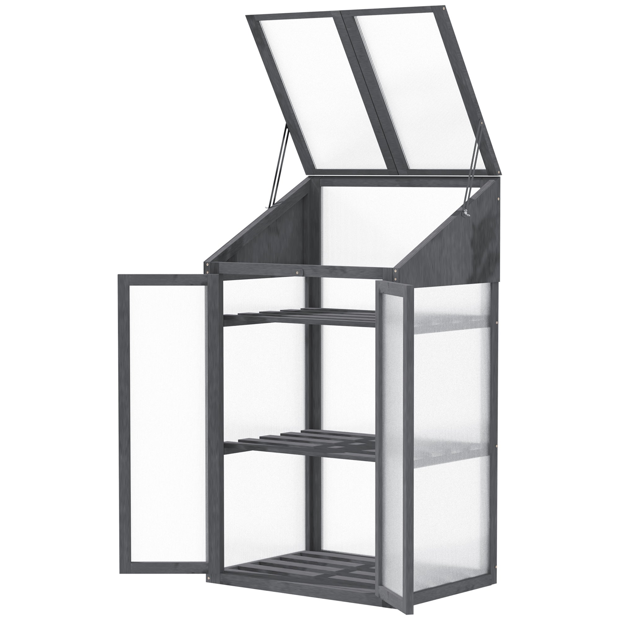 Outsunny Mini-Gewächshaus, kleines Treibhaus mit Holzrahmen, Fenster und Doppeltür, 3 Regale, 70L x 50B x 120H cm, Grau