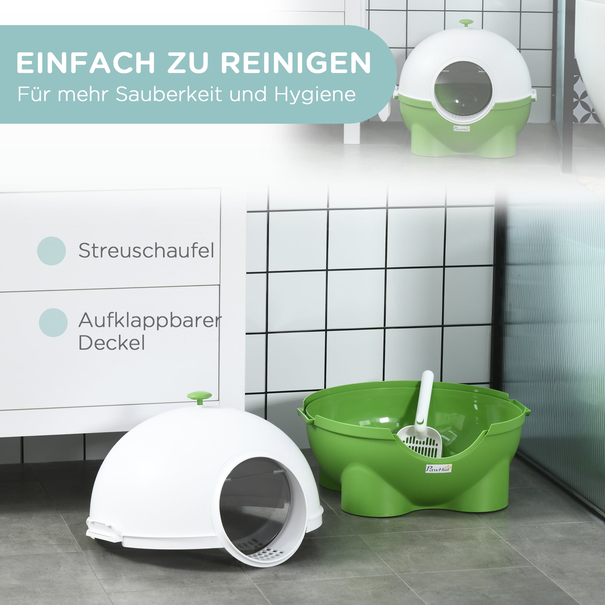 PawHut Katzentoilette mit Sieb, inkl. Schaufel, niedliches Design; Grün + Weiß