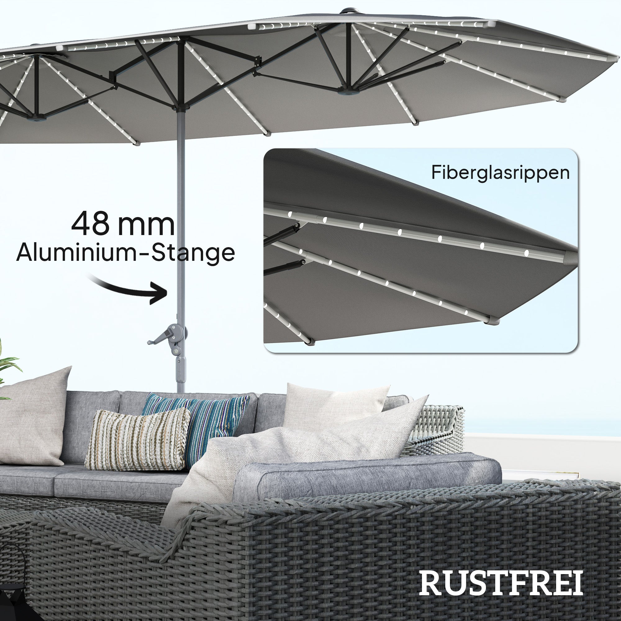 Outsunny Doppelschirm mit Solar-Lichtern, Aluminium, Polyester, UPF50+ Schutz, UV-beständig, Terrassenschirm, Dunkelgrau